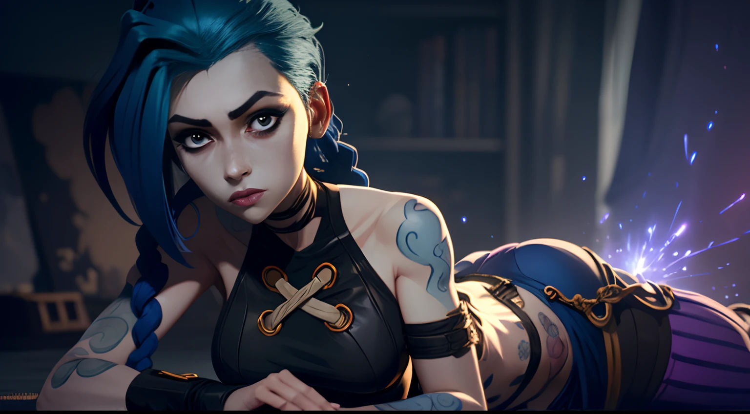 Jinx's character design, Dynamic movements, lying naked on her back, bare breast, covers the chest with his hands, Swollen , butt, kitty, sexypose, Beautiful figure, Arcane's Jinx, Bright blue and purple sparks all around, glowing eyes, Pink glowing eyes, hairlong, hairsh, braided into long braids, Pigtails hang below the knee, Hair color changes from bright blue to navy blue, Dressed in brown breeches, Leather boots on the feet, Top with four gold circles on the chest in the middle of the chest, Blue cloud tattoos on shoulders and waist, Long bangs, hanging on the right side, Belt with cartridges on the belt, Arcane style, extremely detailed CG unity 8k wallpaper, detailed light, Cinematic lighting, chromatic aberration, glittering, expressionless, epic composition, dark in the background, Cherecter Desing, Very detailed, Detailed body, Vibrants, Detailed Face, sharp-focus, anime art, Vibrants, Detailed Face, Hugh Details, sharp-focus, Very drooping face, A detailed eye, super fine illustration, better shadow, finely detail, Beautiful detailed glow, Beautiful detailed, Extremely detailed, expressionless, epic composition,