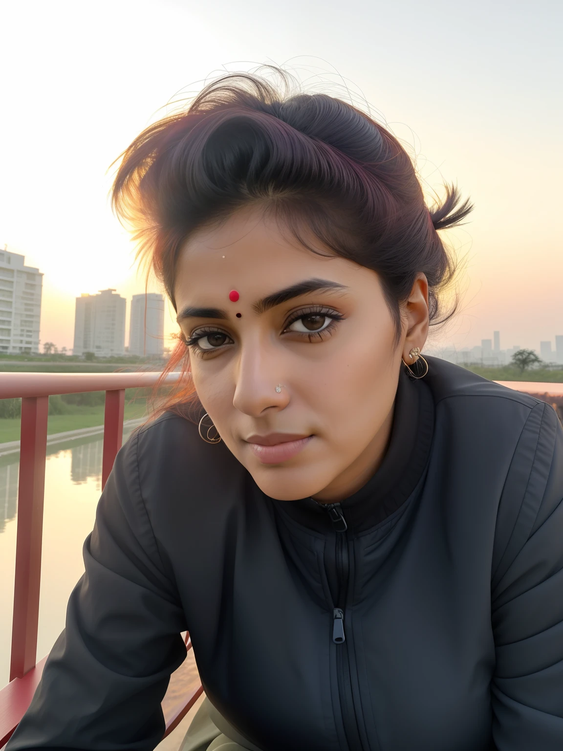 there is a woman sitting on a bench looking at the camera, dayanita singh, during sunset, taken with sony alpha 9, with serious face expression, without helmet, faridah malik, 8k selfie photograph, profile image, by Jitish Kallat, at night time, during a sunset, at sunrise, looking intensely at the camera, in the early morning