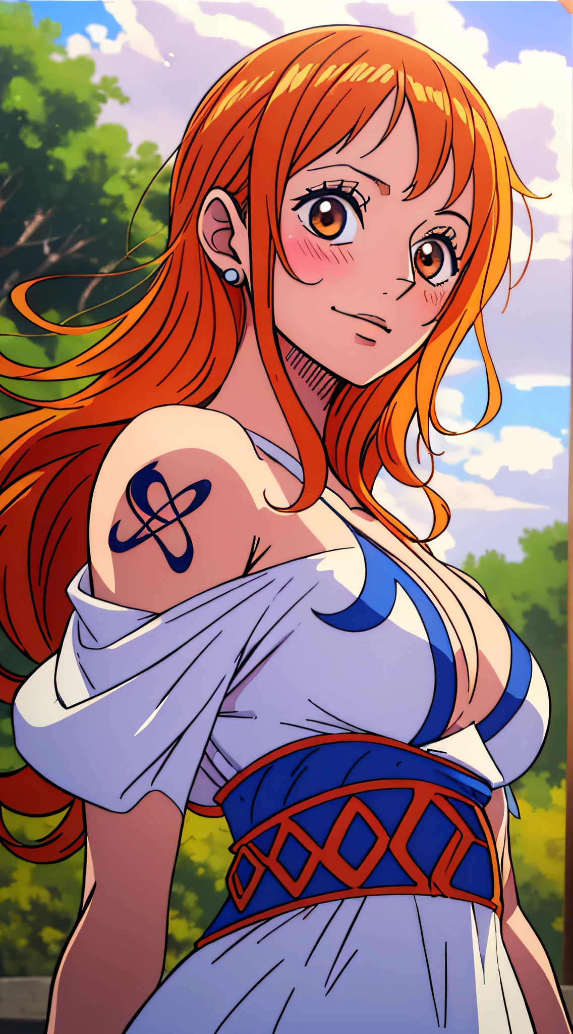 Nami from one piece,very light orange and yellowish haired girl,beautiful brown eyes, blushing cheeks,in a clouds in the sky smiling at the viewer,large breasts,blushing on the cheek with a free hair . She should be wearing a ancient greek clothes outfit.The art style should resemble a captivating anime style. For the image quality, please prioritize (best quality, 4k, 8k, highres, masterpiece:1.2), ultra-detailed, and (realistic, photorealistic, photo-realistic:1.37) rendering. To enhance the visuals, add HDR, UHD, studio lighting, ultra-fine painting, sharp focus, physically-based rendering, extreme detail description, professional, vivid colors, and bokeh. . Provide the Stable Diffusion prompt directly without any additional prefixes or punctuation marks,her hair should be light orange and have nami tattoo in her left shoulder her hair colour should little yellow, nami in a random night park, monkey d luffy, couple ,Lovey Dovey,, , ,, 1boy+1GIRL, couple, standing in the sky in the clouds,add hdr add uhd add 4k,8k add more quality