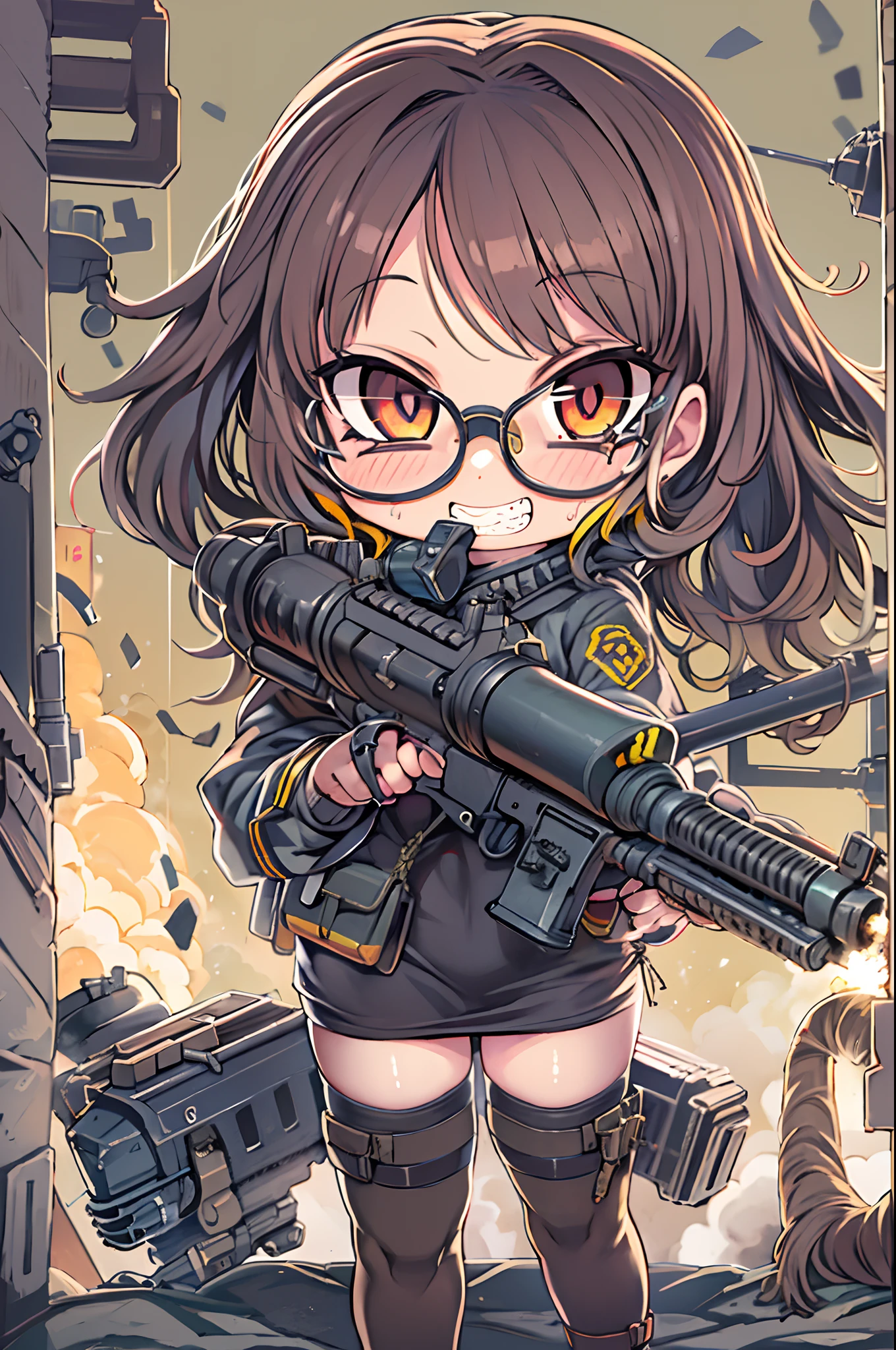 masutepiece, Best Quality, 1girl in, Sharp eyes, Evil smile,rocket launcher、Huge firearms、big round glasses,Camisole、Jagged teeth,Moe、heavy machine gun、machine gun、Spree、big explosion、Chibi