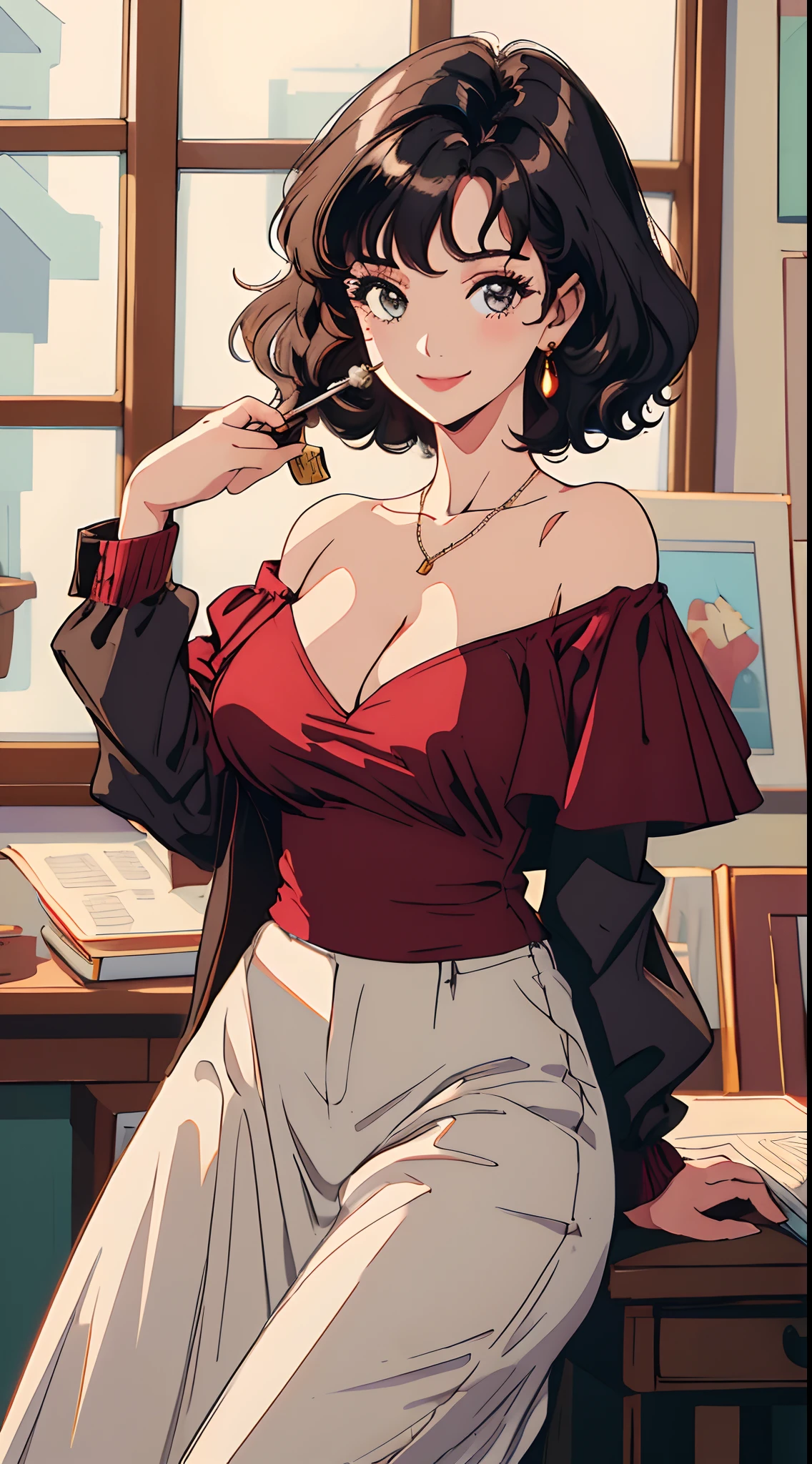 (Best quality, Masterpiece, A high resolution),1girll,Close-up shot，Super large breasts，Off-the-shoulder attire，cleavage，Solo,Short hair,Wavy hair,Smile,