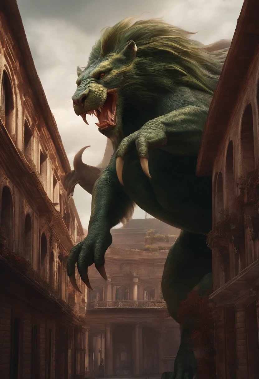 manticore,3 storeys high,50 meters long,Off-white,The hair is particularly long,The body is like a crocodile,The head is like a dog's head,terroral,blood vess,In the city,People are eaten in the mouth。