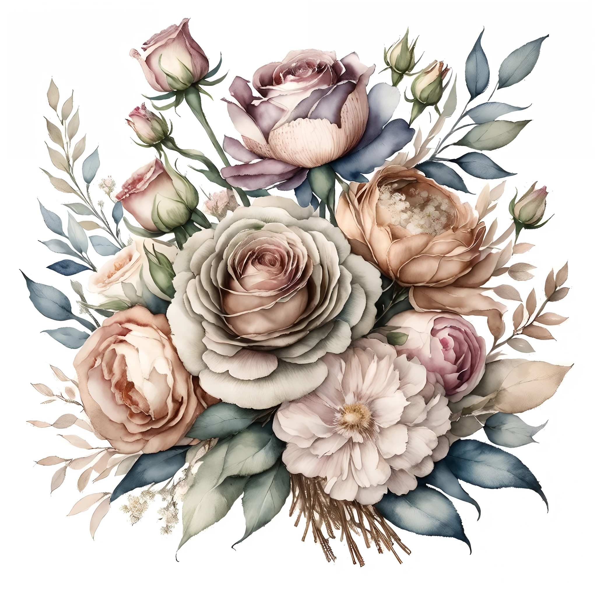 a painting of a bouquet of flowers with leaves and flowers, detailed flowers, pastel roses, highly detailed muted colors, elegant flowers, watercolor illustration, detailed watercolour, floral renewal, vintage muted colors, roses, bouquet, roses and lush fern flowers, watercolor detailed art, detailed watercolor, flowers with intricate detail, highly intricate, dreamy and detailed, masterful detailed watercolor