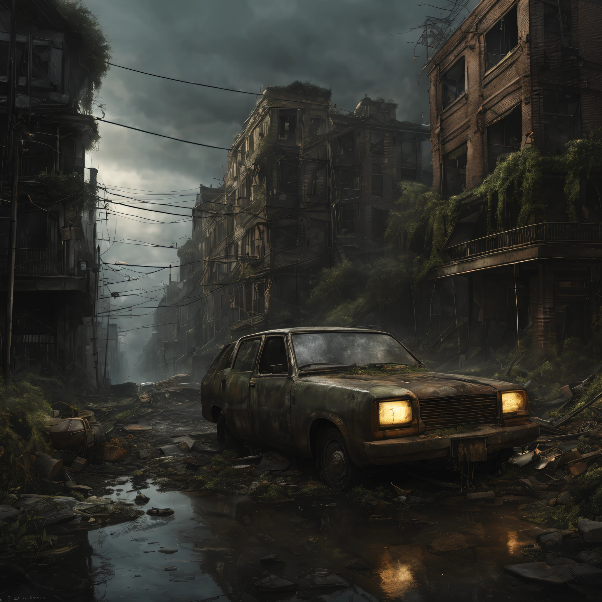 (ultra-detailed,highres,best quality:1.2),dystopian cityscape,desolate streets,post-apocalyptic city,rubble,abandoned buildings,overgrown with weeds,decayed,crumbling infrastructure,debris-filled roads,stagnant pools of water,dilapidated vehicles,ominous atmosphere,emphasizing darkness and shadows,dimly lit lampposts,color grading to enhance the desolation and decay,desaturated tones to create a sense of hopelessness,streaks of light cutting through the haze of dust and smoke.