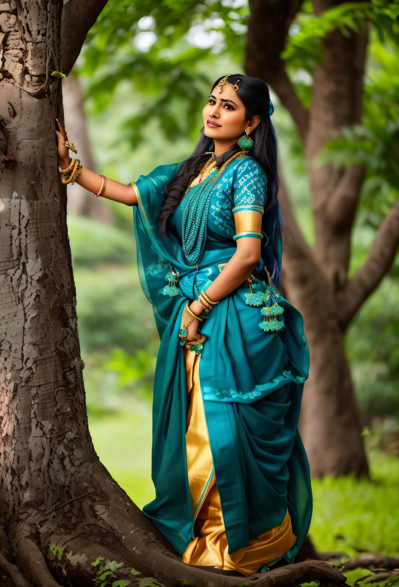 arafed woman in a blue and green sari leaning against a tree, wearing an elegant tribal outfit, blue colored traditional wear, traditional beauty, traditional dress, traditional clothes, traditional clothing, traditional costume, indian style, wearing bihu dress mekhela sador, traditional photography, wearing traditional garb, idian dress, assamese aesthetic, traditional makeup