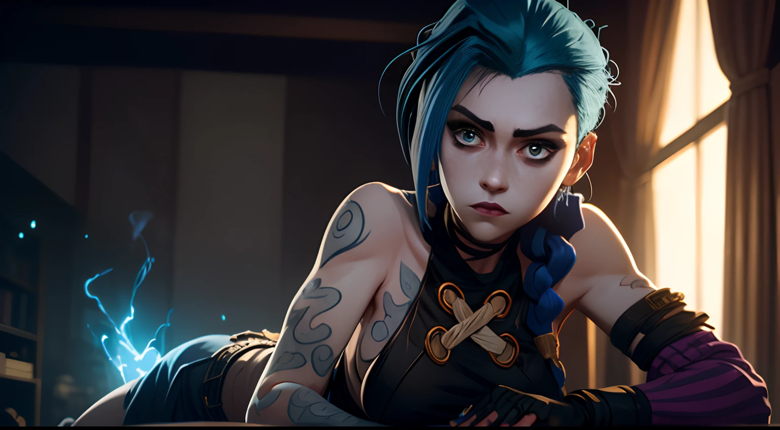 Jinx's character design, Dynamic movements, lying naked on her back, bare breast, covers the chest with his hands, Swollen , butt, kitty, sexypose, Beautiful figure, Arcane's Jinx, Bright blue and purple sparks all around, glowing eyes, Pink glowing eyes, hairlong, hairsh, braided into long braids, Pigtails hang below the knee, Hair color changes from bright blue to navy blue, Dressed in brown breeches, Leather boots on the feet, Top with four gold circles on the chest in the middle of the chest, Blue cloud tattoos on shoulders and waist, Long bangs, hanging on the right side, Belt with cartridges on the belt, Arcane style, extremely detailed CG unity 8k wallpaper, detailed light, Cinematic lighting, chromatic aberration, glittering, expressionless, epic composition, dark in the background, Cherecter Desing, Very detailed, Detailed body, Vibrants, Detailed Face, sharp-focus, anime art, Vibrants, Detailed Face, Hugh Details, sharp-focus, Very drooping face, A detailed eye, super fine illustration, better shadow, finely detail, Beautiful detailed glow, Beautiful detailed, Extremely detailed, expressionless, epic composition,