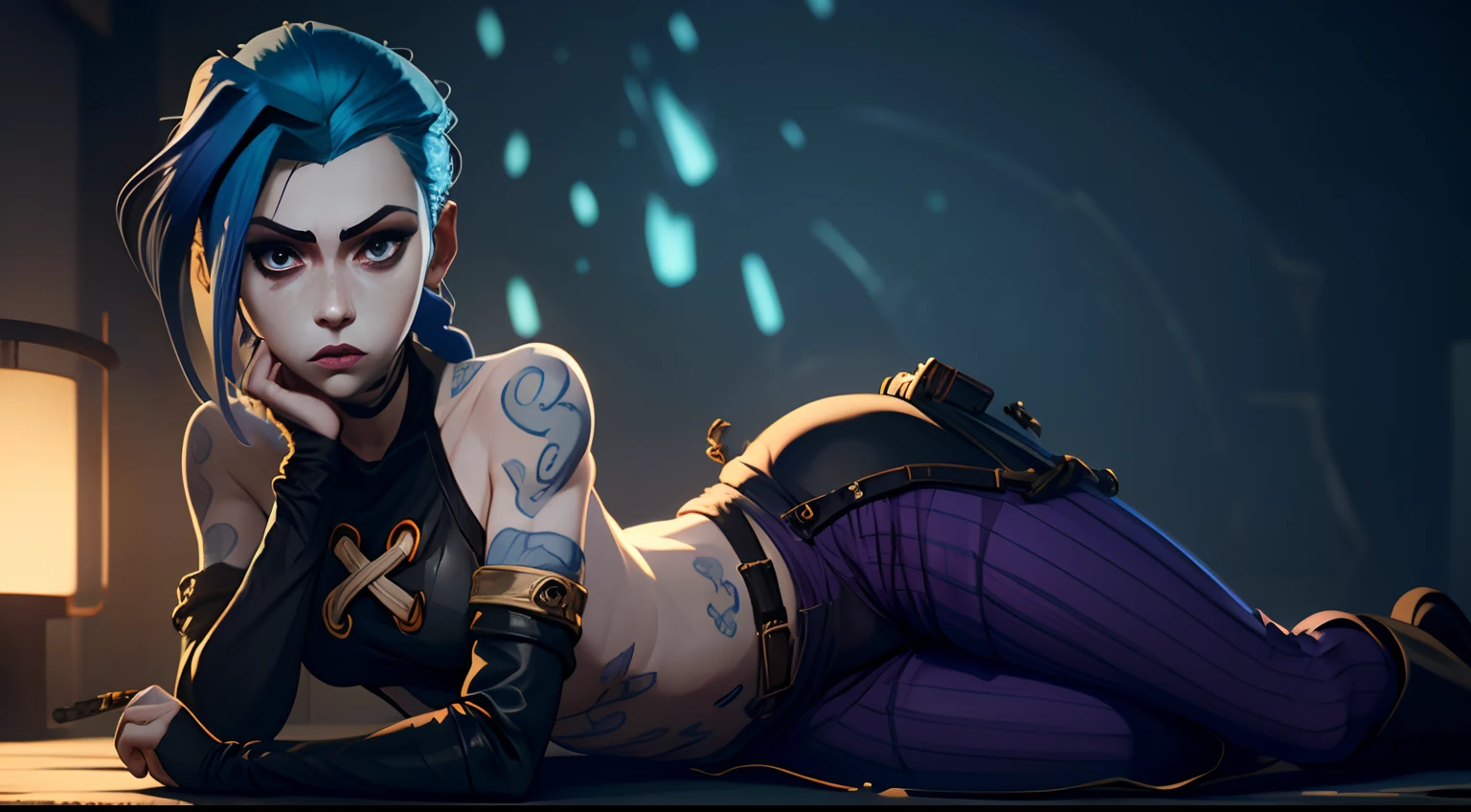 Jinx's character design, Dynamic movements, lying naked on her back, bare breast, covers the chest with his hands, Swollen , butt, kitty, sexypose, Beautiful figure, Arcane's Jinx, Bright blue and purple sparks all around, glowing eyes, Pink glowing eyes, hairlong, hairsh, braided into long braids, Pigtails hang below the knee, Hair color changes from bright blue to navy blue, Dressed in brown breeches, Leather boots on the feet, Top with four gold circles on the chest in the middle of the chest, Blue cloud tattoos on shoulders and waist, Long bangs, hanging on the right side, Belt with cartridges on the belt, Arcane style, extremely detailed CG unity 8k wallpaper, detailed light, Cinematic lighting, chromatic aberration, glittering, expressionless, epic composition, dark in the background, Cherecter Desing, Very detailed, Detailed body, Vibrants, Detailed Face, sharp-focus, anime art, Vibrants, Detailed Face, Hugh Details, sharp-focus, Very drooping face, A detailed eye, super fine illustration, better shadow, finely detail, Beautiful detailed glow, Beautiful detailed, Extremely detailed, expressionless, epic composition,