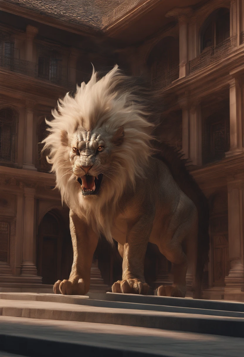 manticore,3 storeys high,50 meters long,Off-white,The hair is particularly long,The body is like a crocodile,The head is like a dog's head,terroral,blood vess,In the city,People are eaten in the mouth。
