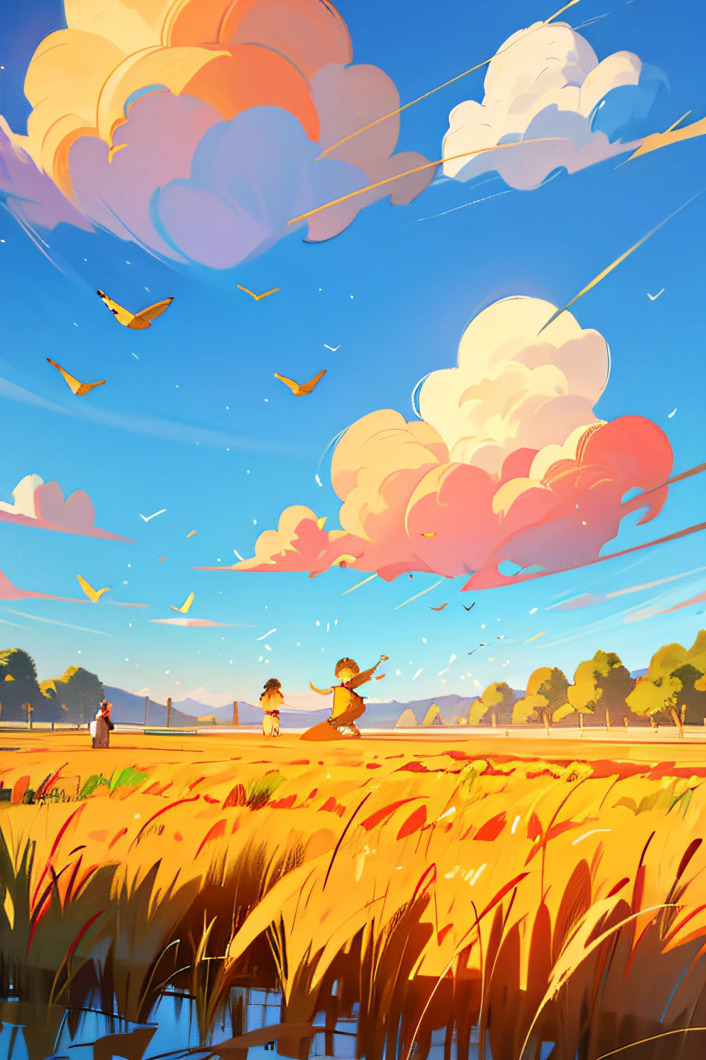 Many children frolic in the golden rice fields,Some children are catching crabs,Some children are cutting rice,Some children are looking at the blue sky,There were white clouds in the sky,In the rice field stands a scarecrow,k hd,filigree,delicated,hiyao miyazaki