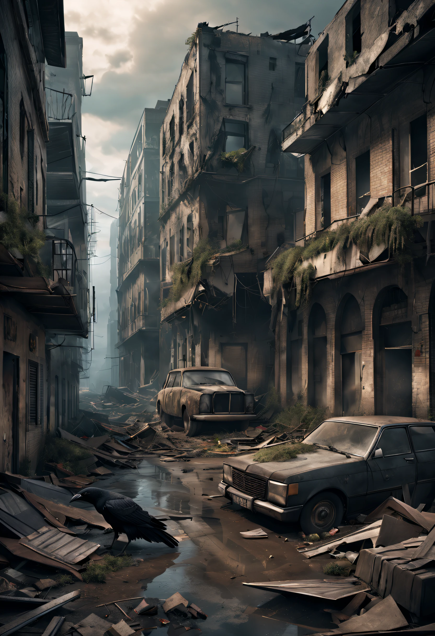 A post-apocalyptic, desolate city with a crumbling, dilapidated street. The atmosphere is gloomy and haunting, with dark, stormy clouds overhead. The buildings are in a state of decay, with broken windows, collapsed structures, and overgrown vegetation reclaiming the urban landscape. The street is littered with debris and abandoned vehicles, giving it a sense of abandonment and desolation. In the distance, a group of refugees can be seen, huddled together for shelter and safety. The scene is further amplified by the presence of ravens perched on the buildings, their eerie calls filling the air. As if to accentuate the devastation, a large meteorite lies embedded in the ground, a stark reminder of the catastrophic event that led to the city's downfall. The overall image quality is of the highest standard, with ultra-detailed textures and realistic lighting effects, capturing every minute detail and creating a visually stunning masterpiece. The color palette is desaturated, giving the scene a bleak, muted tone, emphasizing the bleakness and desolation.