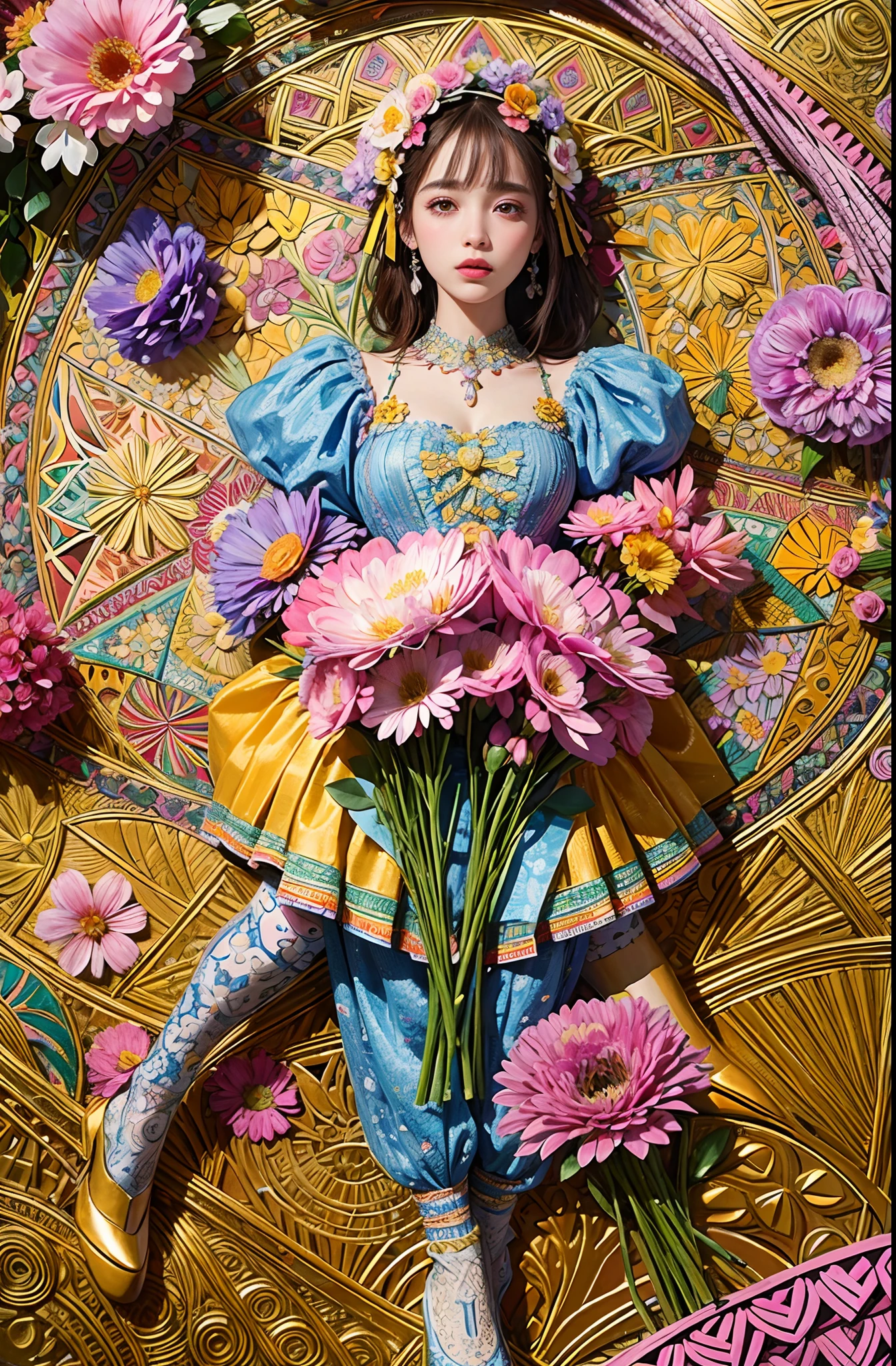 (ultra-detailed background, detailed background), absurdres, highres, ultra detailed, extremly detailed, 1girl, (bunch of flowers:1.3), (zentangle:1.2), (geometric:1.2),(colorful),