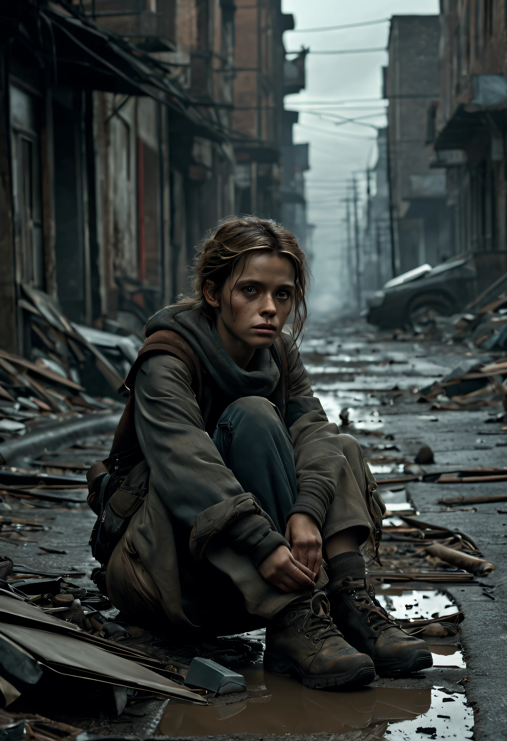 (best quality,4k,8k,highres,masterpiece:1.2),ultra-detailed,(realistic,photorealistic,photo-realistic:1.37),dark,apocalyptic,a girl sitting on the curb,collapsed buildings,debris,litter,pale faces,lost hope,broken windows,muddy streets,abandoned cars,lonely figures,street lights flickering,foggy atmosphere,dilapidated city,cracked pavement,ominous clouds,gloomy alleyways,desperate expressions,distant sirens,rotting garbage,barren trees,rain-soaked streets,crowded with refugees,ravaged by war,desolation,wreckage,heavy rain,impoverished families,mist-covered landscape,crows perched on rooftops,dim,subdued colors,abandoned belongings,desperate pleas for help,ominous shadows,post-apocalyptic scenery,desperate survival,forlorn souls,ruined beauty,decay,hauntingly quiet streets.