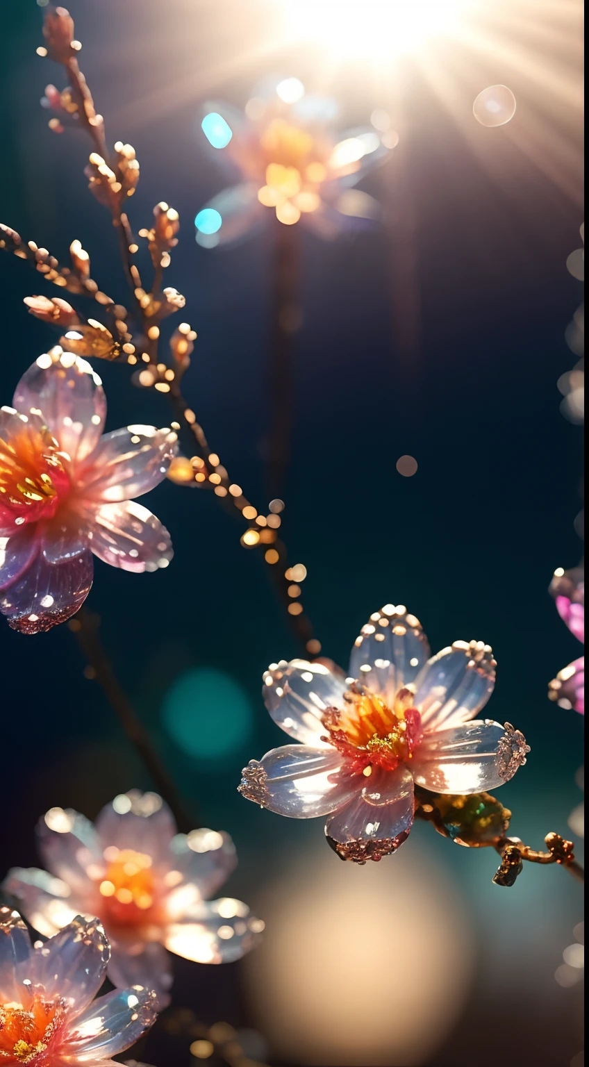 crystal spring blossom,
fantasy, galaxy, transparent, 
shimmering, sparkling, splendid, colorful, 
magical photography, dramatic lighting, photo realism, ultra-detailed, 4k, Depth of field, High-resolution