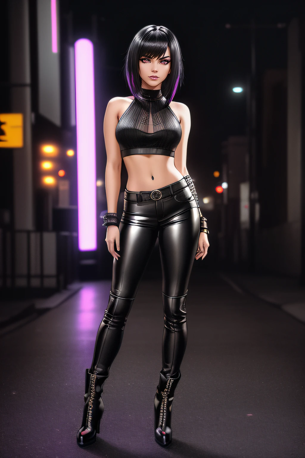 beautiful girl, ((standing:1.4)), (confident gaze:1.1), full body, short bright neon streaked black hair, ((large light realistic highly detailed eyes:1.4)), ((seductive pose:1.2)), black eyeshadow, (street style wear:1.2), ((tight fitted pants)), ((knee high leather boots)), (dark city night black background:1.4), dark makeup, digital art, trending on artstation, highly detailed, fine detail, intricate, beautiful detailed glow, detailed, Cinematic light, high-res, detailed facial features, sharp focus, smooth, aesthetic,