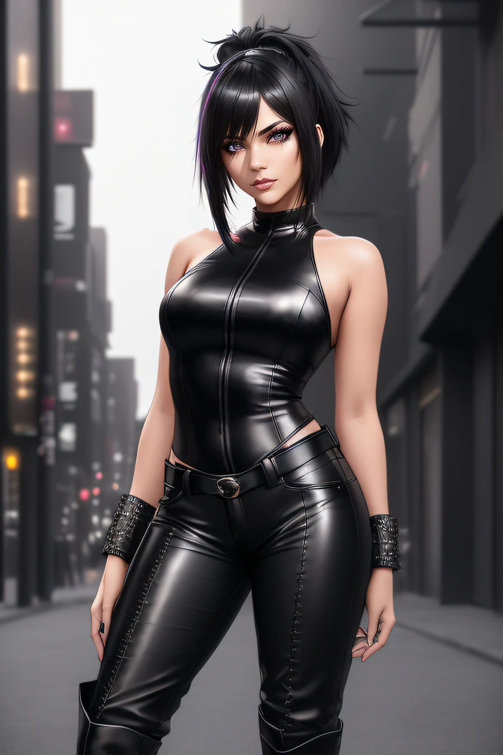 beautiful girl, ((standing:1.4)), (confident gaze:1.1), full body, short bright neon streaked black hair, ((large light realistic highly detailed eyes:1.4)), ((seductive pose:1.2)), black eyeshadow, (street style wear:1.2), ((tight fitted pants)), ((knee high leather boots)), (dark city night black background:1.4), dark makeup, digital art, trending on artstation, highly detailed, fine detail, intricate, beautiful detailed glow, detailed, Cinematic light, high-res, detailed facial features, sharp focus, smooth, aesthetic,