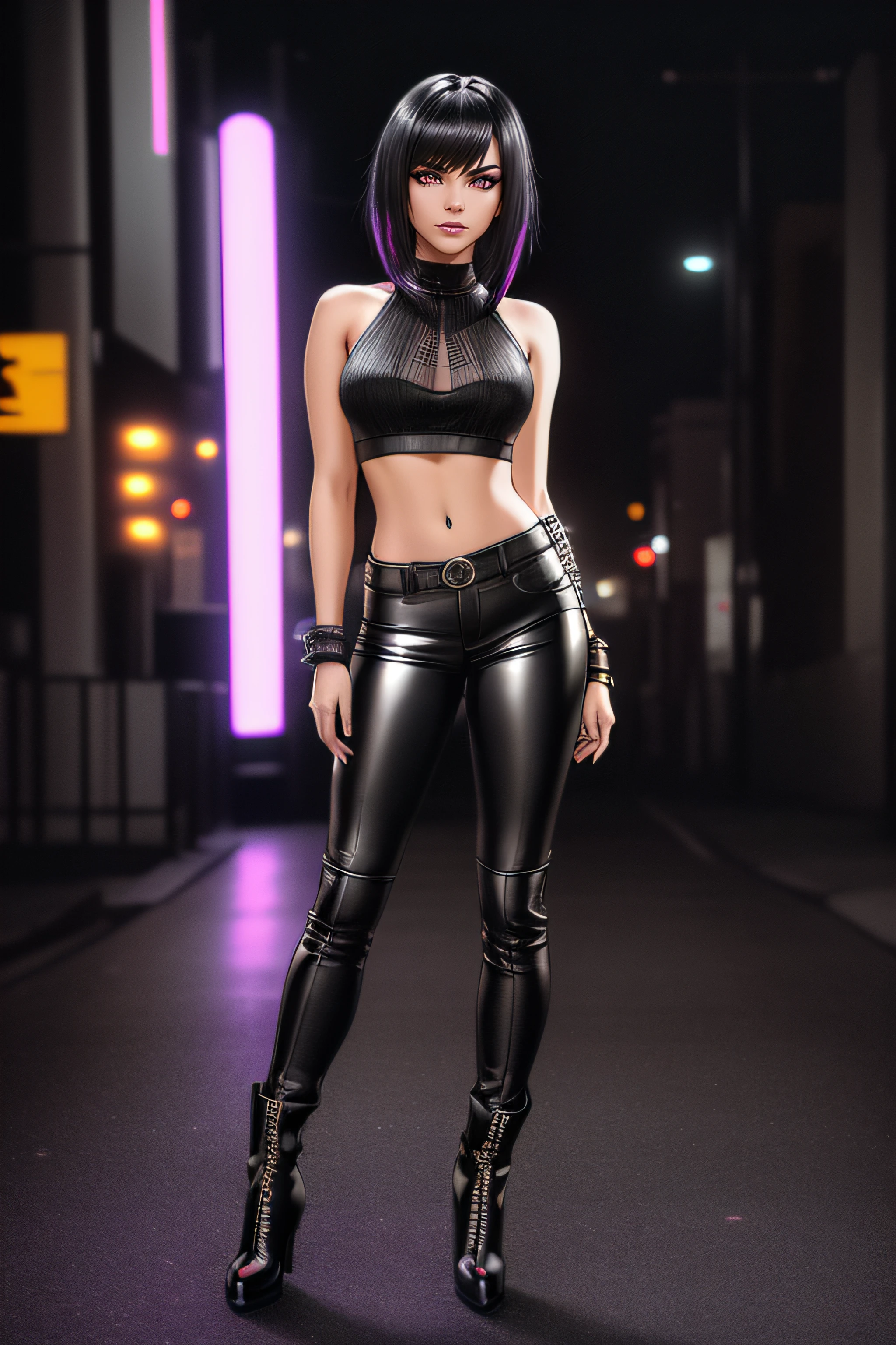 beautiful girl, ((standing:1.4)), (confident gaze:1.1), full body, short bright neon streaked black hair, ((large light realistic highly detailed eyes:1.4)), ((seductive pose:1.2)), black eyeshadow, (street style wear:1.2), ((tight fitted pants)), ((knee high leather boots)), (dark city night black background:1.4), dark makeup, digital art, trending on artstation, highly detailed, fine detail, intricate, beautiful detailed glow, detailed, Cinematic light, high-res, detailed facial features, sharp focus, smooth, aesthetic,