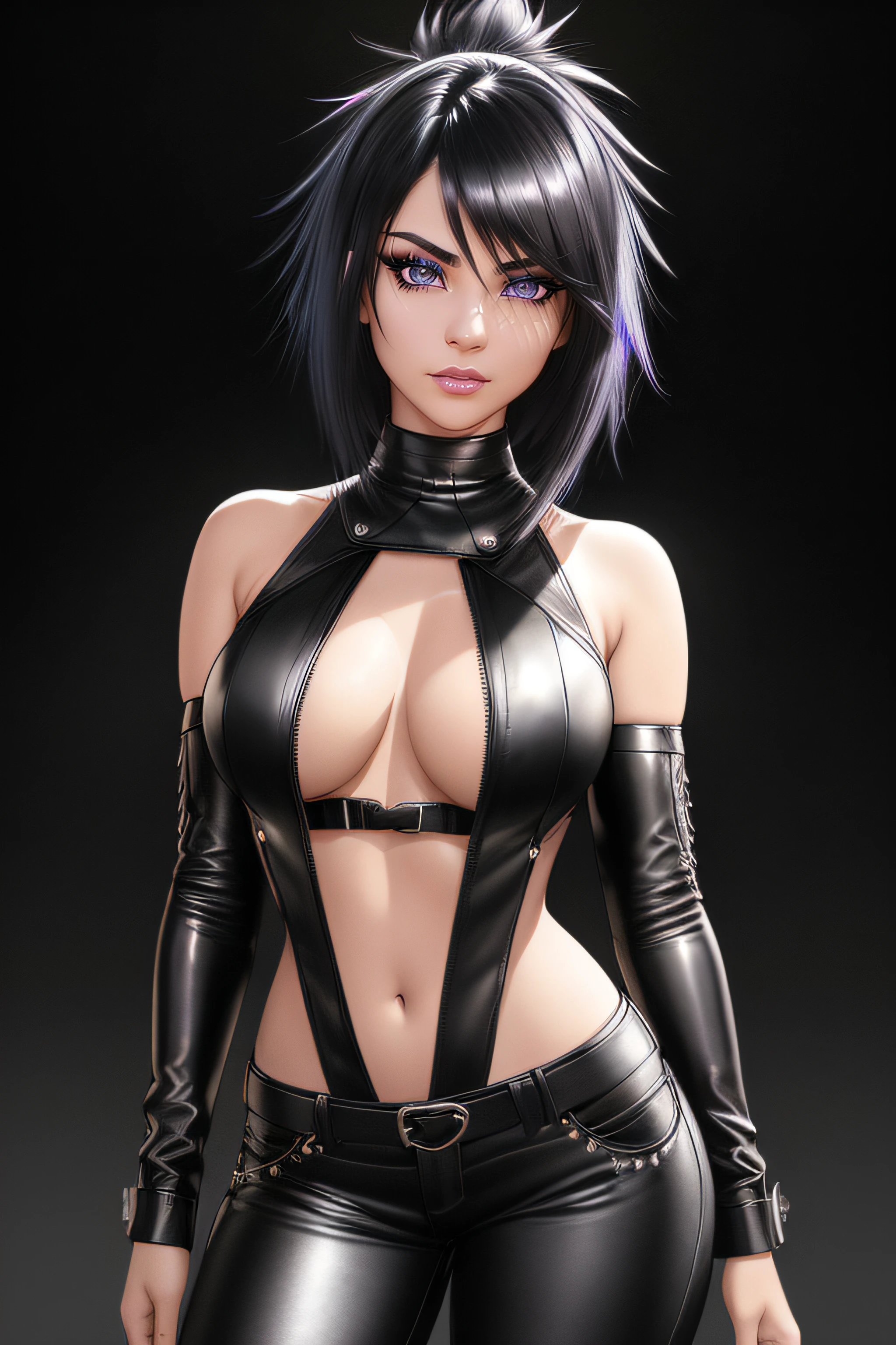 beautiful girl, ((standing:1.4)), (confident gaze:1.1), full body, short bright neon streaked black hair, ((large light realistic highly detailed eyes:1.4)), ((seductive pose:1.2)), black eyeshadow, (street style wear:1.2), ((tight fitted pants)), ((knee high leather boots)), (dark city night black background:1.4), dark makeup, digital art, trending on artstation, highly detailed, fine detail, intricate, beautiful detailed glow, detailed, Cinematic light, high-res, detailed facial features, sharp focus, smooth, aesthetic,