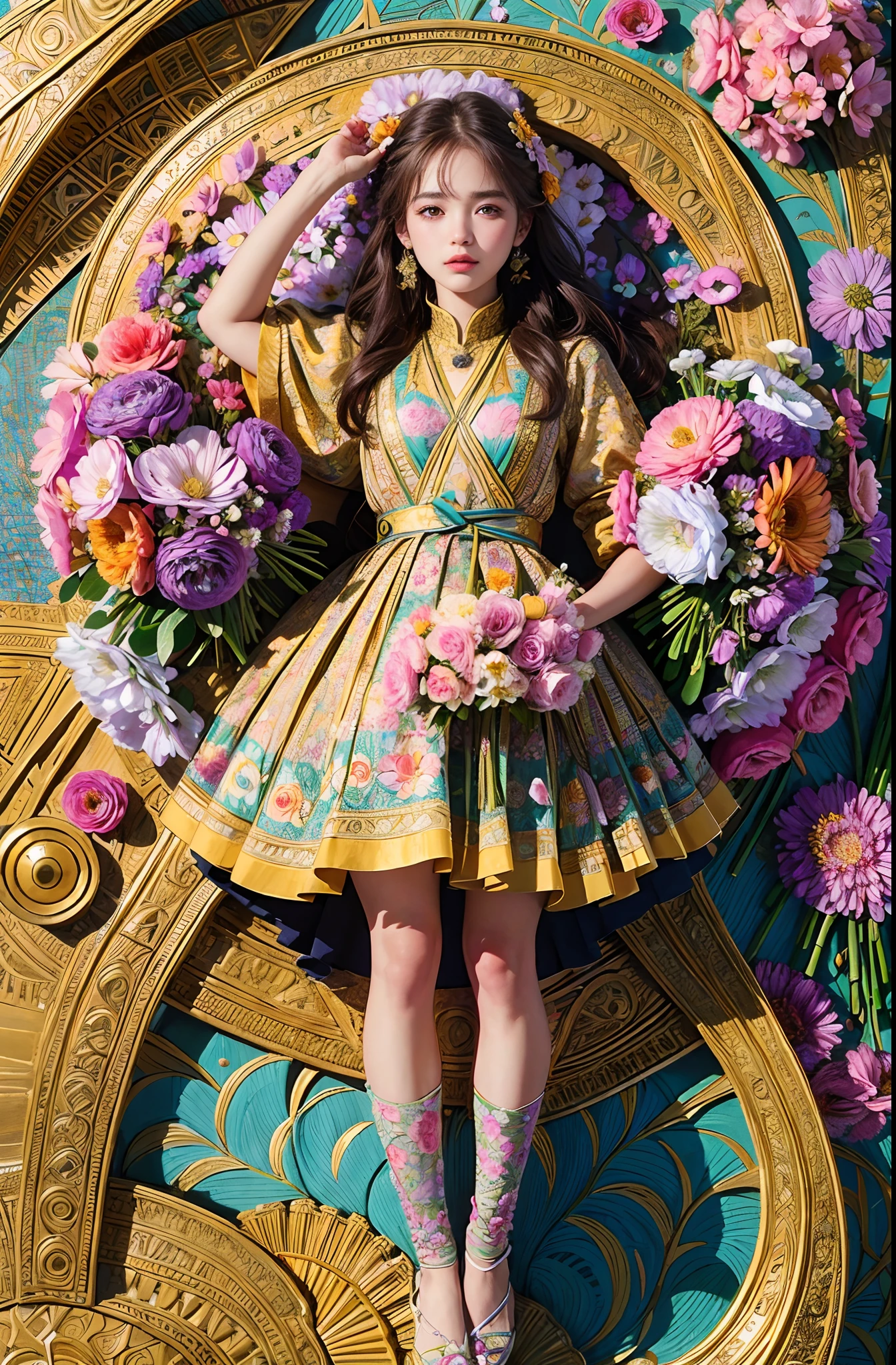(ultra-detailed background, detailed background), absurdres, highres, ultra detailed, extremly detailed, 1girl, (bunch of flowers:1.3), (zentangle:1.2), (geometric:1.2),(colorful),
