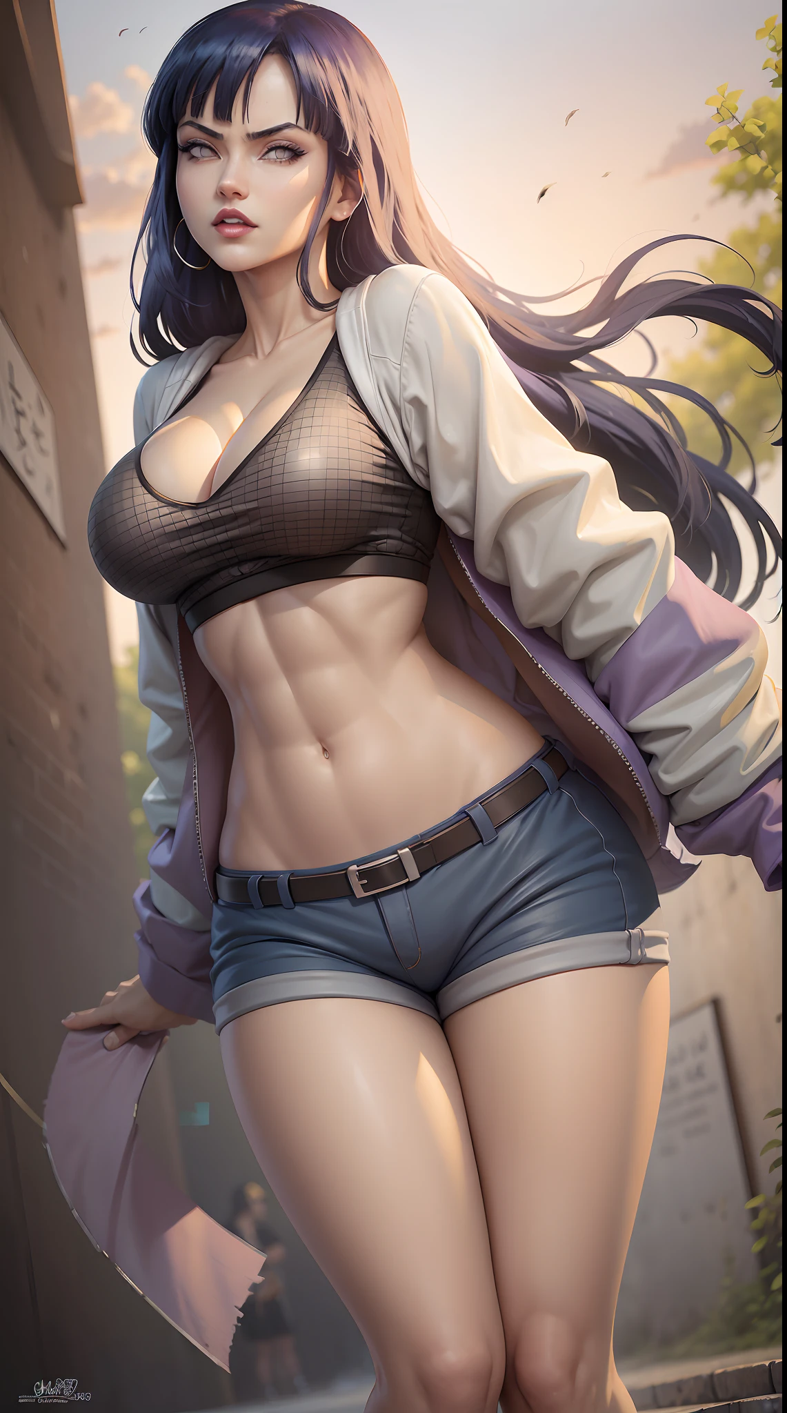 Hinata Hyuga, Anos 90, Moda Hip Hop, suburb, brooklyn 1993, Extremamente Realista, muito linda, sexy, bunda Grande, pernas grossas, usando um short curto, bunda empinada, estilo Hip Hop, anos 90, extremamente bonita