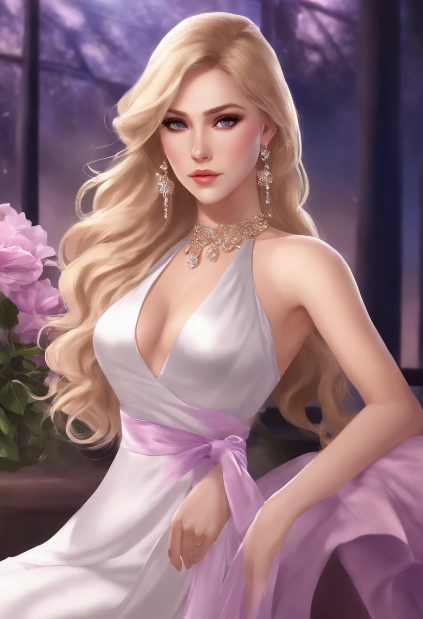 Anime , high neck halter wrap dress with slit evening dress in satin , honey blonde hair long half up half down, violet eye doe eyes, fair skin, silver jewelry ,light colors pinks and purples, anime style, female, solo, young adult early twenties