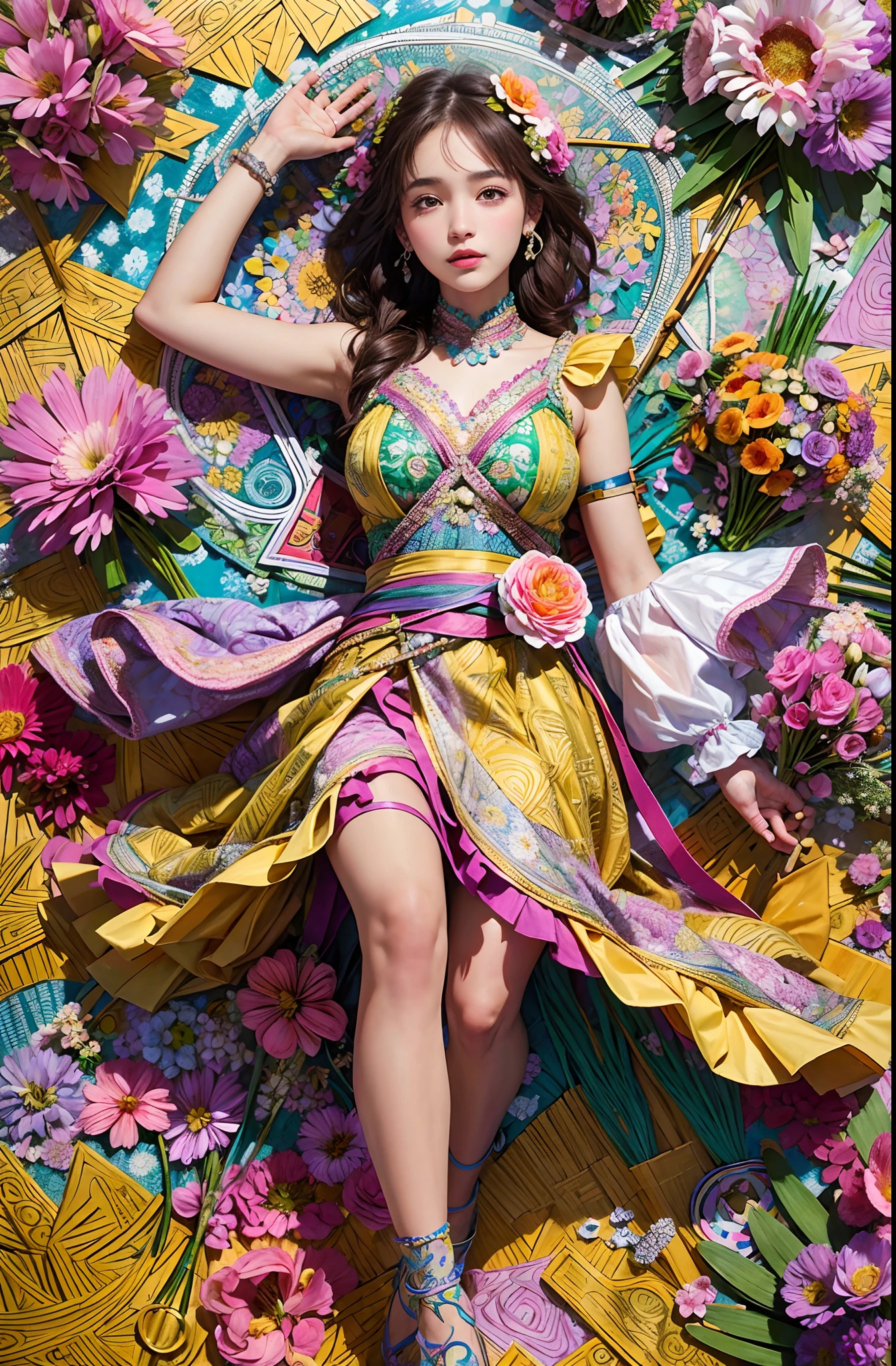 (ultra-detailed background, detailed background), absurdres, highres, ultra detailed, extremly detailed, 1girl, (bunch of flowers:1.3), (zentangle:1.2), (geometric:1.2),(colorful),