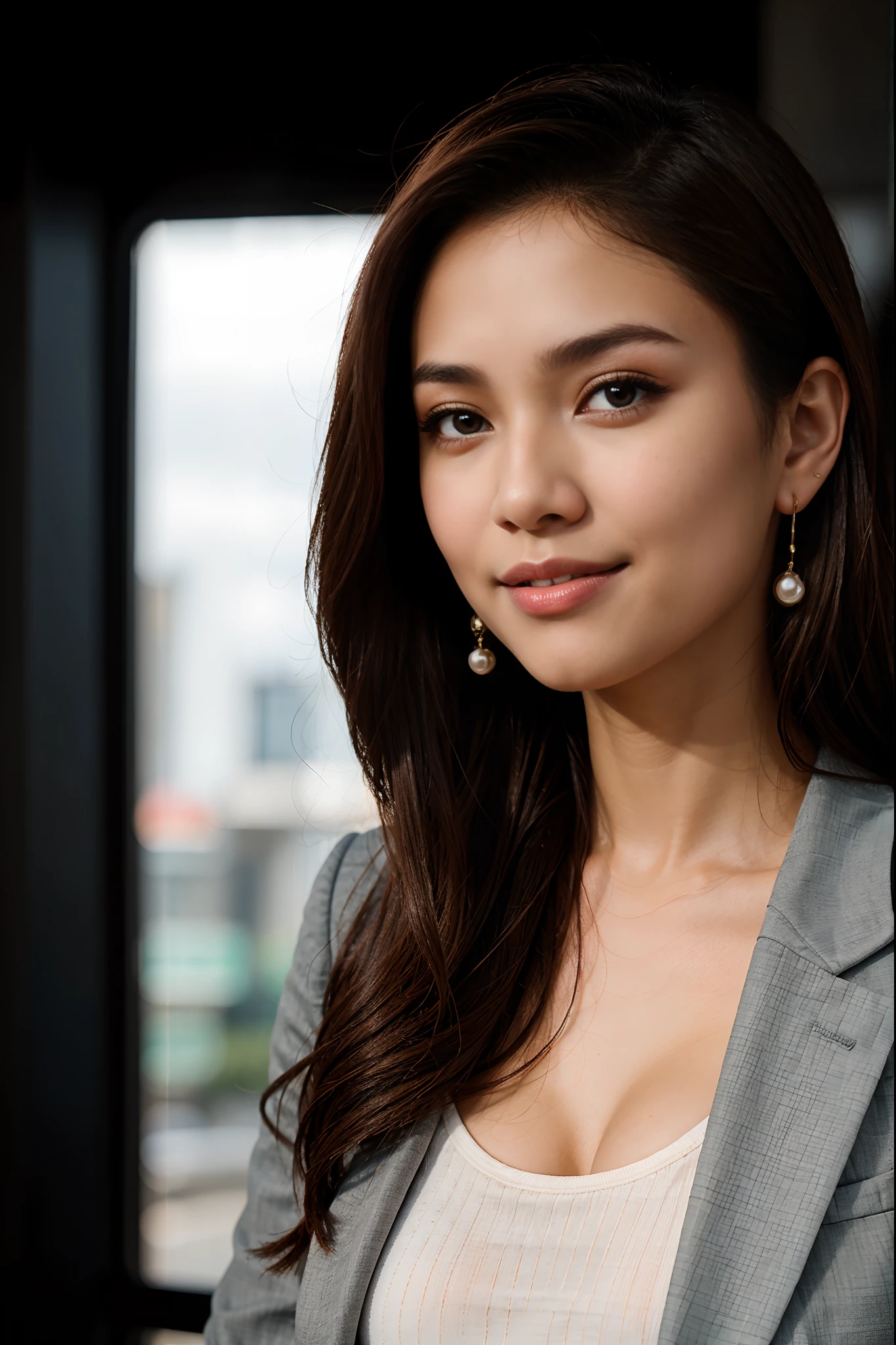 RAW Photo, DSLR BREAK (kkw-ph1:0.9) BREAK portrait of ung 20yo woman, brown hair, wearing dark grey suit, wearing pearl earrings, perfect eyes, perfect lips, perfect nose, professional color graded, wonderful woman, dark background, cute woman. filipina, pinay, filipino woman, smiling