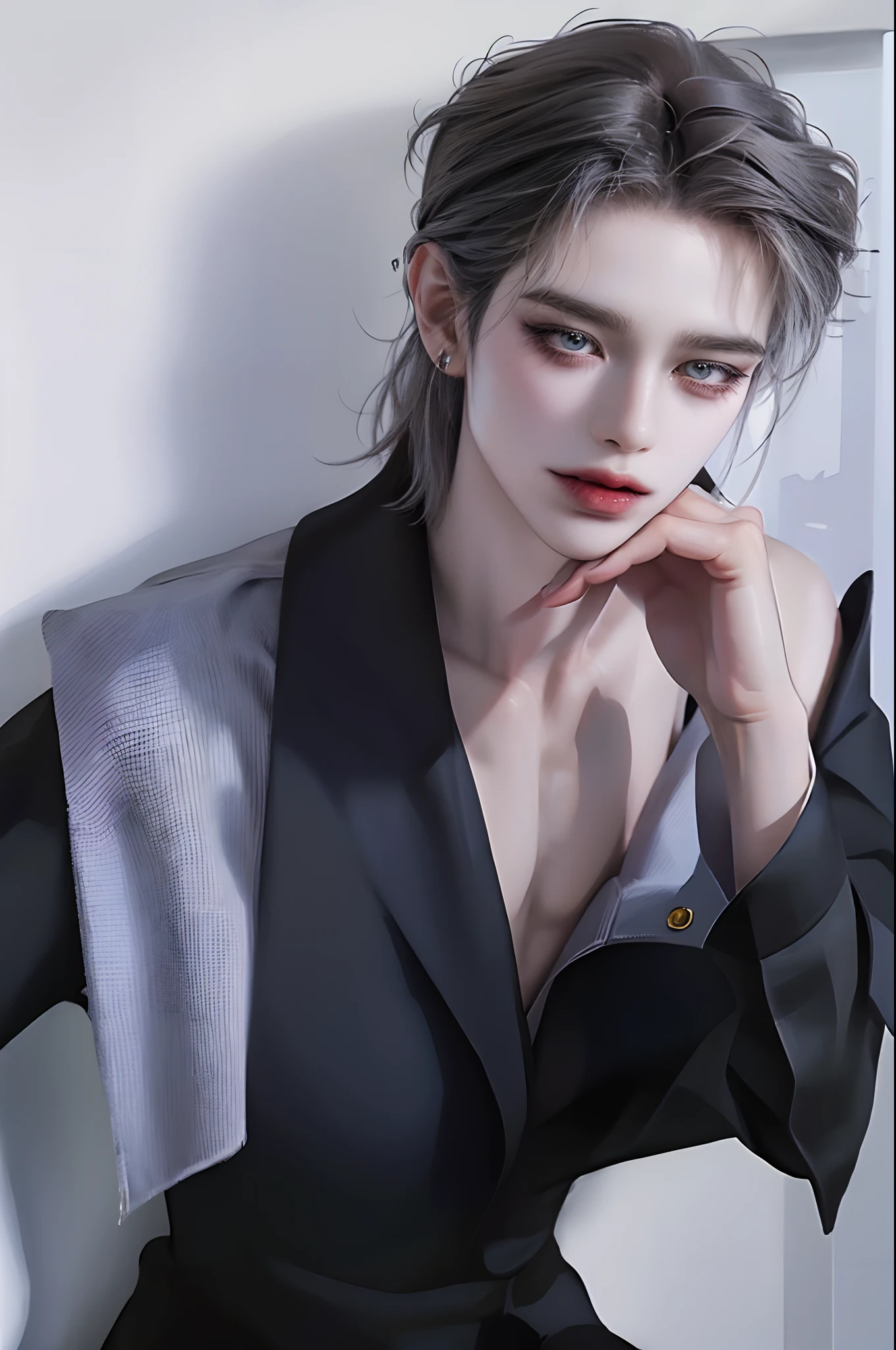 ((4K works))、masterpiece、(top-quality)、((high-level image quality))、((one beautiful women))、Slim body、((Black Y Shirt Fashion))、(Detailed beautiful eyes)、Crow on fantastic city background、((Face similar to Chaewon in Ruseraphim))、((shoulder-length hair))、((bright silver hair))、((Smaller face))、((Neutral face))、((Light blue eyes))、((Korean Women))、((18year old))、((Wild Lady))、((Wild look))、((Show your fangs and laugh))、((Korean makeup with black eyeshadow))、((elongated and sharp eyes))、((Shot alone))、((Fallen Angel))、((Fallen Angel Woman))、Photos of fallen angels、Villain、((amazing photo))、Photographed so that the whole body can be seen、horor、((There is a crow on the right shoulder))、Dark Proof、((Shot diagonally from the side))