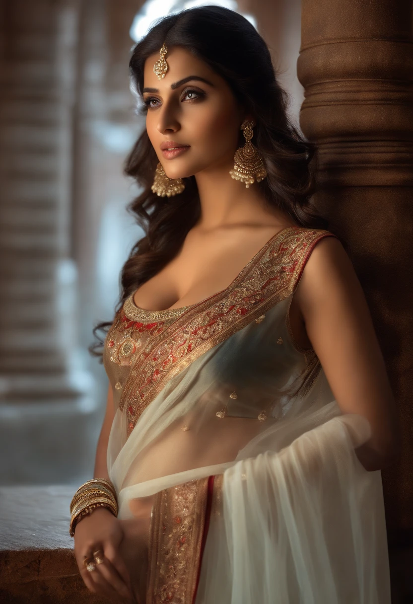 walking in a moonlit courtyard, exotic girl, indian, looking at the viewer, shining skin, perfect lighting, the embodiment of grace and elegance, (transpaent saree wearing victoria fashion lingerie), (Big Tits:1.5), cleavage, clear curvy details, beautiful curves, detailed eyes, detailed pupil, volumetric lighting, Ultra Detailed, unity 8k wallpaper, ultra detailed, aesthetic, masterpiece, best quality, photorealistic