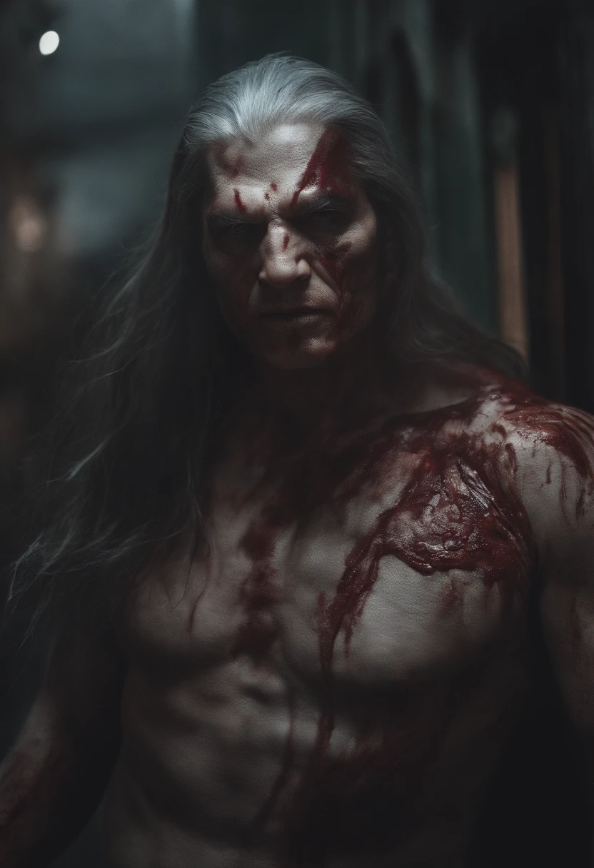 Bloody monsters,3 storeys high,50 meters long,Gray hair,The hair is particularly long all over the body,The body is like a crocodile,The head is like a dog's head,terroral,blood vess,In the city,People are eaten in the mouth。