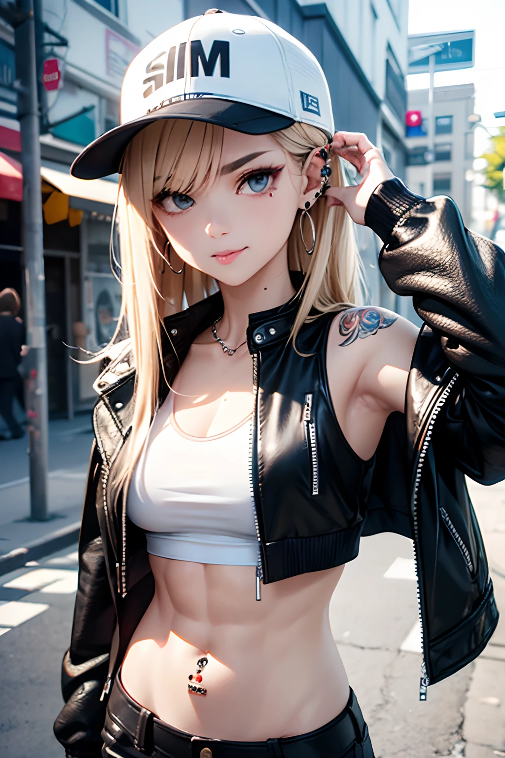 master piece,hyper quality, Hyper Detailed,Perfect drawing,NFSW,。.。.。.3D,8K Illustration、clearface、Hi-Res、1 persons、bad-girl、a blond、messy hair style、Two-block hair、Side tail、Hanging eyes、Outrage、((glares))、Wrinkles between the eyebrows、Open your mouth、Lick your lips with your tongue、(((body piercings)))、Piercing 、A lot of piercings on the face、Street fashion、Tank Tops、Wearing a leather jacket crudely、leather pant、espadrilles、Baseball Cap、abdominals、(Beautiful muscles)、Trim your hair with a comb、Street、Slum、Detailed drawing、Perfect Photo