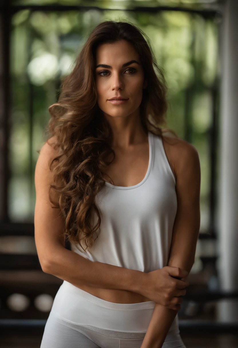 Corpo inteiro, mola canon de 55mm, volumeric lighting, Fujifilm XT3 lento, Retrato corpo inteiro , uma jovem mulher branca, Musculoso, very worried facial expression, 30 anos, medium light brown hair, mid hair, cabelo cacheado, wearing gym clothes, academia, image high resolution, textura detalhada, profundidade de campo realista, fazendo yoga na sala de estar