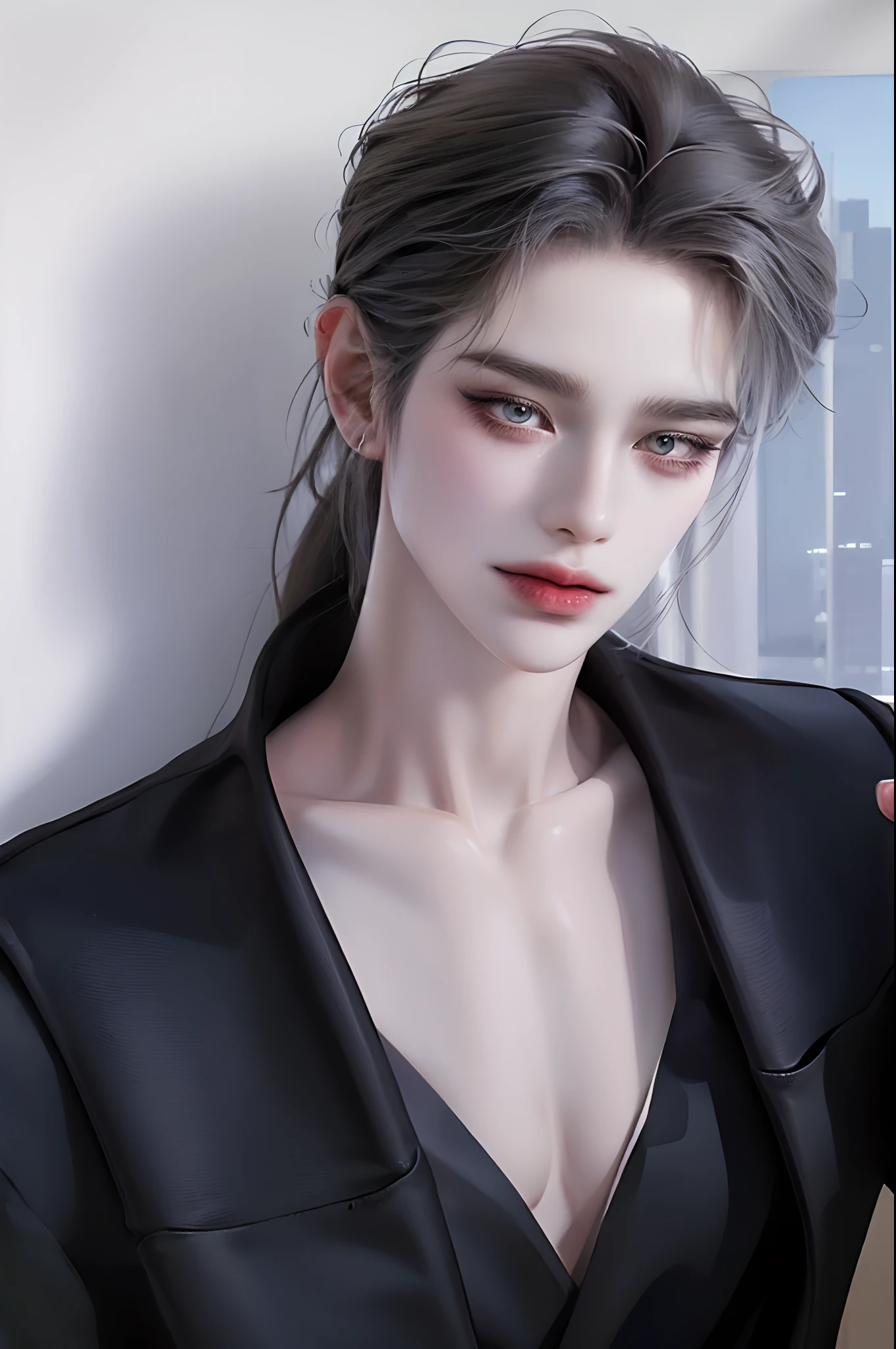 ((4K works))、​masterpiece、（top-quality)、((high-level image quality))、((one beautiful women))、Slim body、((Black Y Shirt Fashion))、(Detailed beautiful eyes)、Crow on fantastic city background、((Face similar to Chaewon in Ruseraphim))、((shoulder-length hair))、((bright silver hair))、((Smaller face))、((Neutral face))、((Light blue eyes))、((Korean Women))、((18year old))、((Wild Lady))、((Wild look))、((Show your fangs and laugh))、((Korean makeup with black eyeshadow))、((elongated and sharp eyes))、((Shot alone))、((Fallen Angel))、((Fallen Angel Woman))、Photos of fallen angels、Villain、((amazing photo))、Photographed so that the whole body can be seen、horor、((There is a crow on the right shoulder))、Dark Proof、((Shot diagonally from the side))