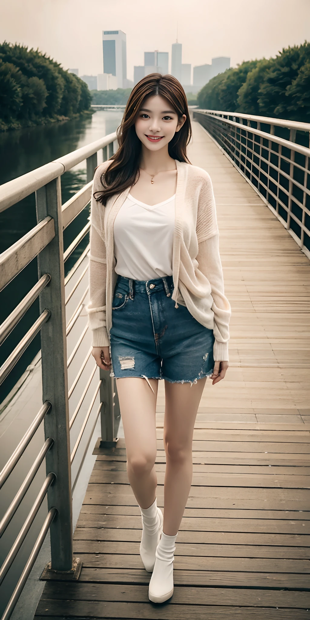 full body Esbian、Portrait of cute brown hair girl、standing on a bridge 、smil、Orange fog、movement、wispy hair、真实感、high quality render、stunning art、hightquality、Film grain、FujifilmXT3、Dreamy、small tits、A slender、Model body type