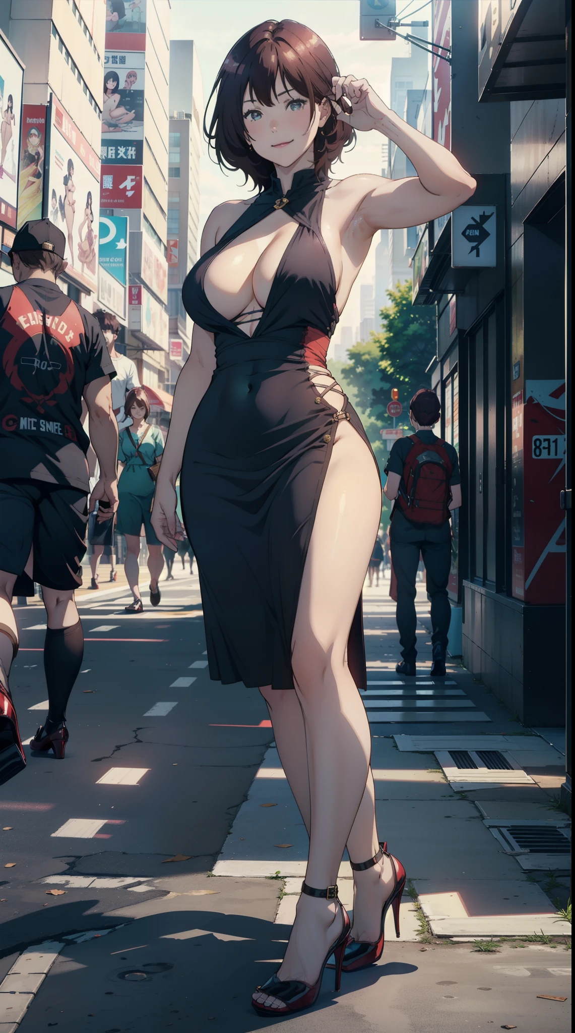 1girl:1.5, masterpiece,(in the middle of the city:1.5), raw color, 8k, illustrator, masterpiece, high quality, 8k, high resolution, high detailed, midriff, high quality, （very detailed cg unity 8k wallpaper），best qualtiy，cinematic lighting, ultra - detailed，masterpiece，）, (cleavage:1), (bodypress dress:1.5), (big breast), depth of field, front view, smirk smile, detail face, armpit, full body, (highheels)