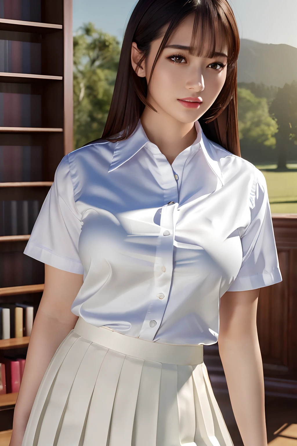 masterpiece, best quality, ultra high res, (photorealistic:1.4), beautiful lighting, RAW photo, 8k uhd, ultra detailed face, realistic lightning, beautiful girl, sweet girl, ((wearing white shirt and long pleated skirt)), library, long shot, shy, hiding face behind book,