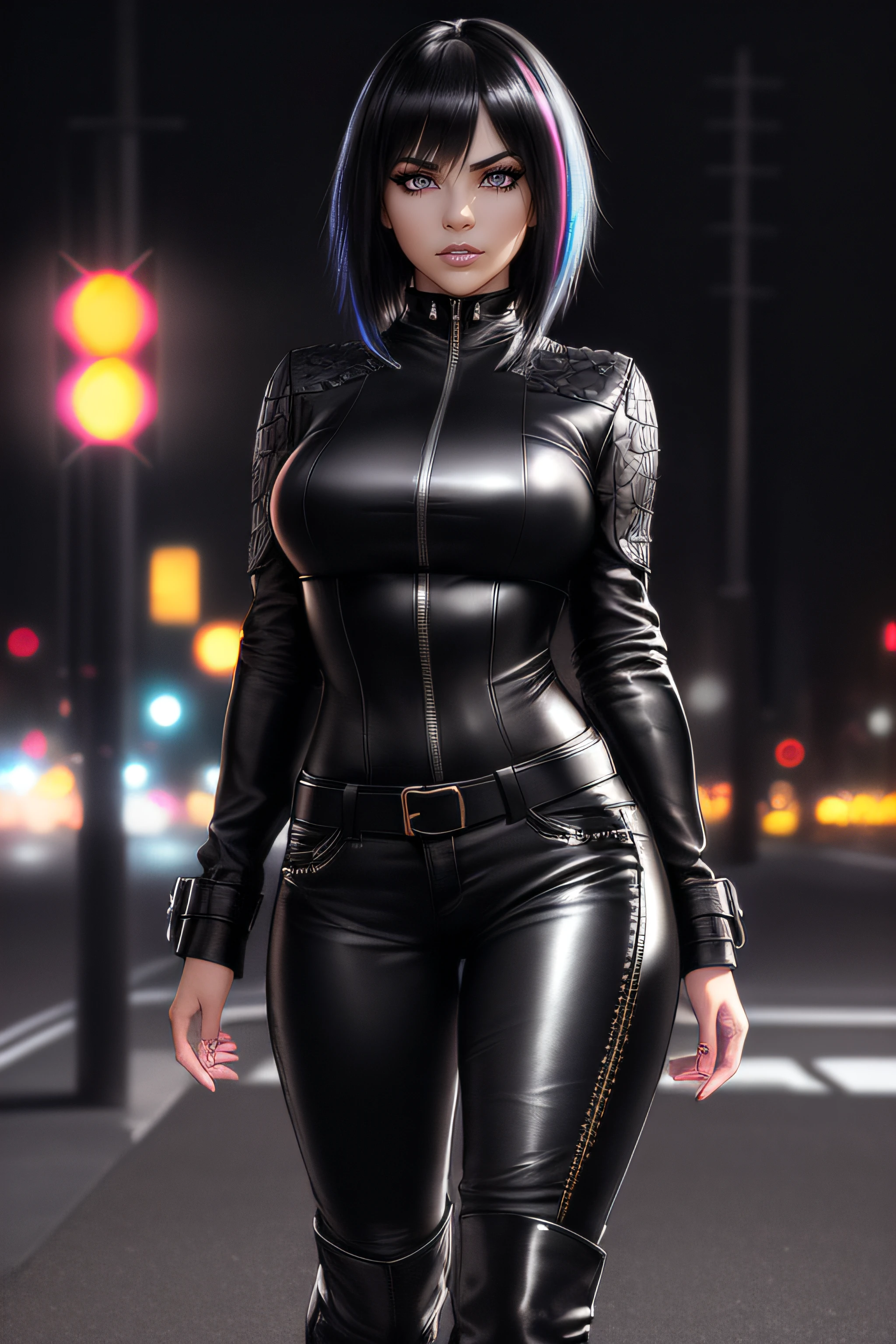 beautiful girl, ((standing:1.4)), (confident gaze:1.1), full body, short bright neon streaked black hair, ((large light realistic highly detailed eyes:1.4)), ((seductive pose:1.2)), black eyeshadow, (street style wear:1.2), ((tight fitted pants)), ((knee high leather boots)), (dark city night black background:1.4), dark makeup, digital art, trending on artstation, highly detailed, fine detail, intricate, beautiful detailed glow, detailed, Cinematic light, high-res, detailed facial features, sharp focus, smooth, aesthetic,