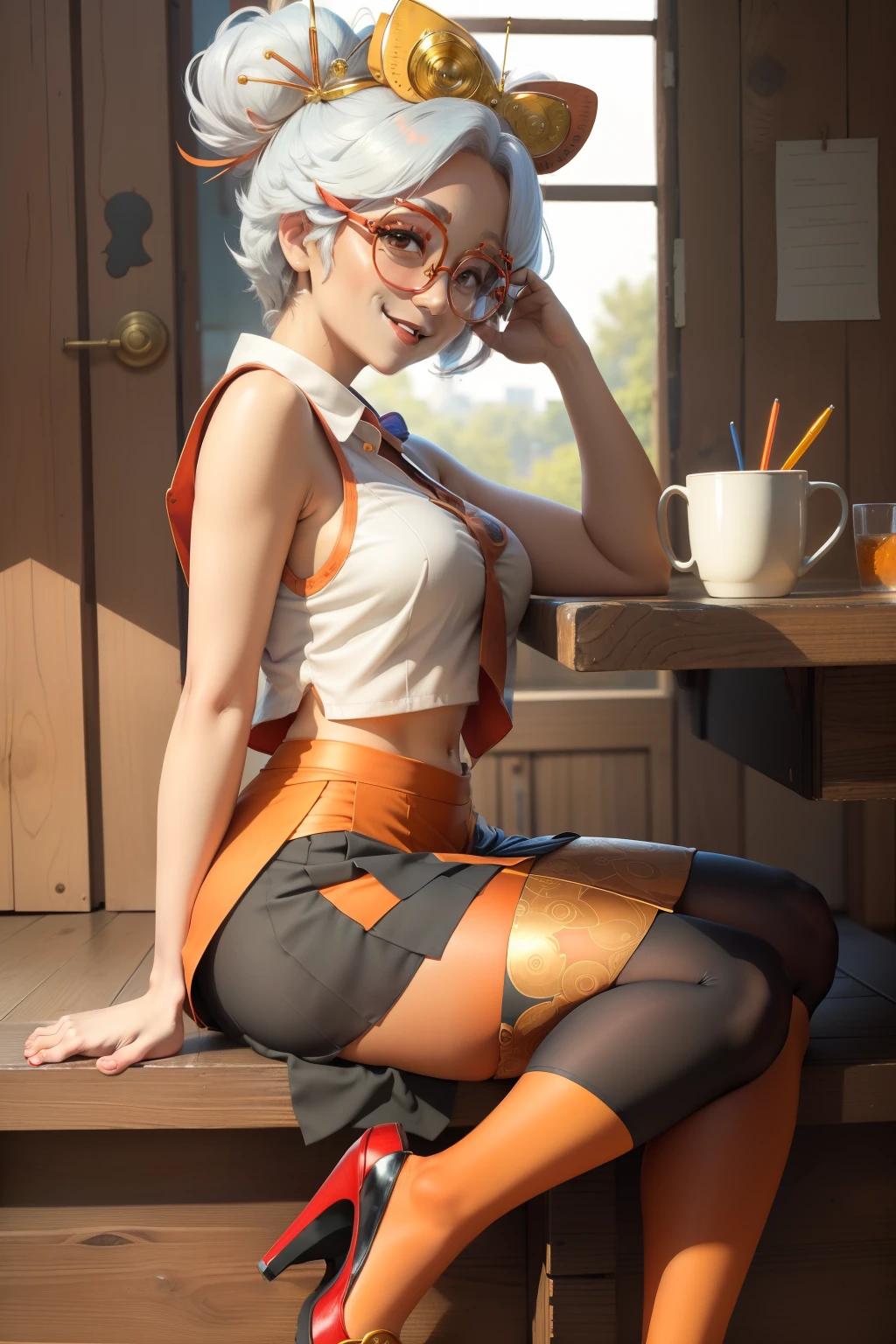 Purah, masterpiece, best quality, red glasses, hair ornament, sleeveless shirt, black skirt, orange leggings, high heels, sitting, from side, looking at viewer, smile