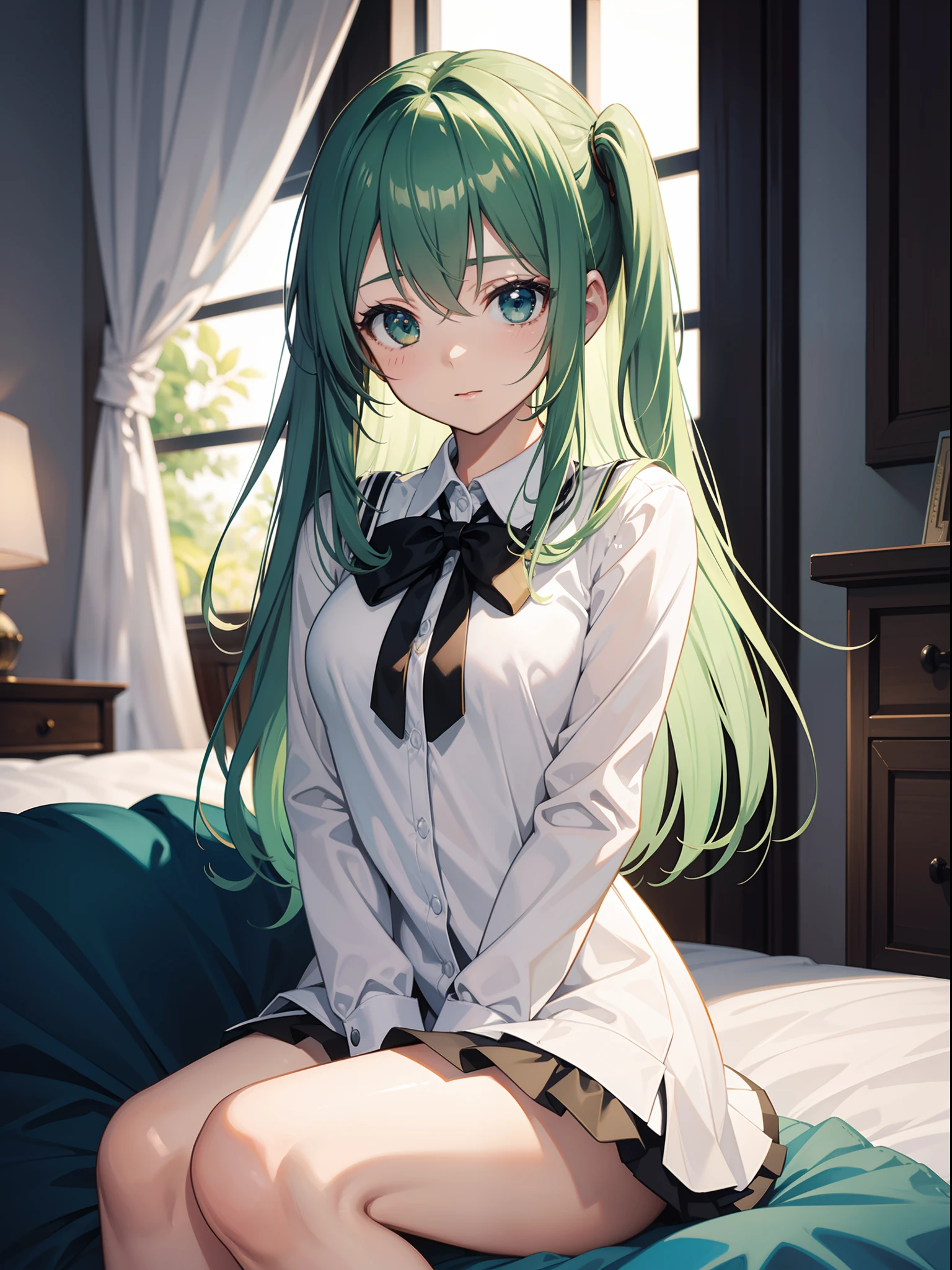 ((masterpiece))、(highest quality)、very detailed、Draw a thin shadow、one girl、Highly rated on pixiv、blue archive style、uniform、blazer、cute、See here、Greenish-black hair、long hair、Green hair ornament、inside the room、smile、smile、Childish、close your eyes、Erotic、nipple、Pussy、tits、sex、nsfw、low saturation、The contour line is thin、white people、gigantic penis, testicles, pussy, sex from behind, reverse upright straddle