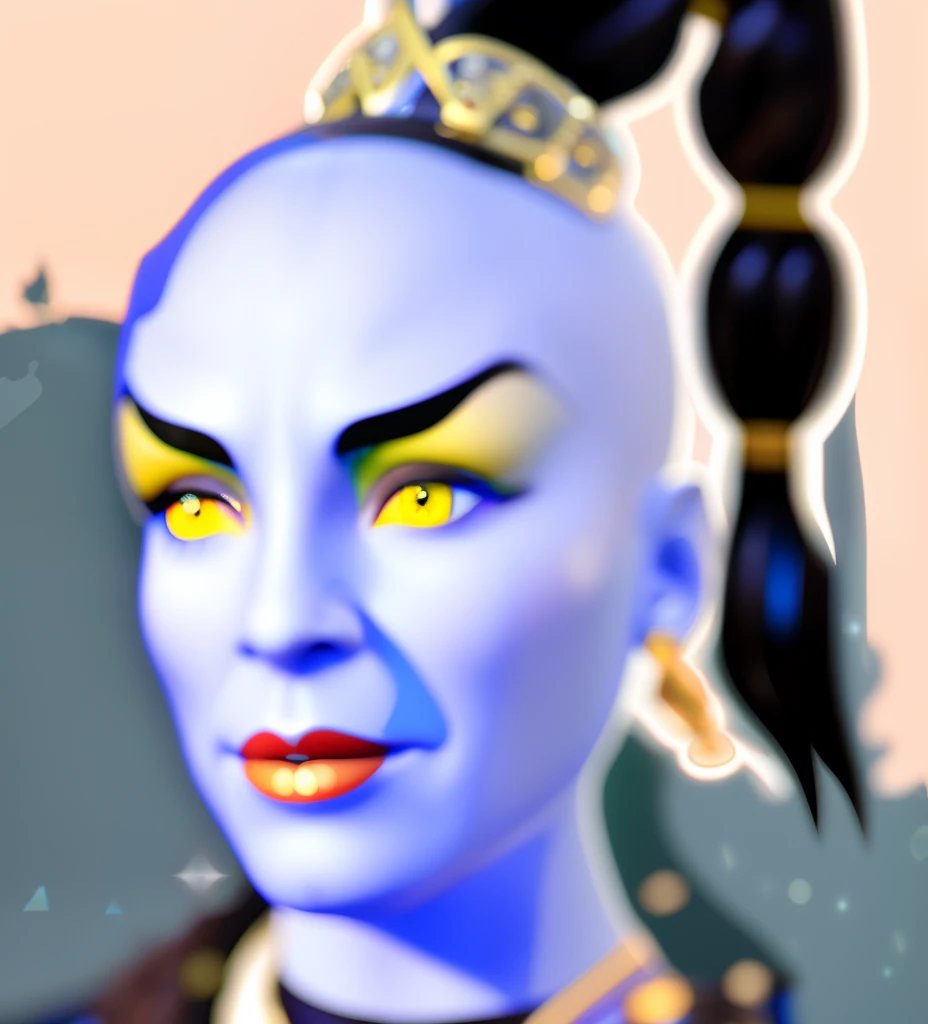 masterpiece, high quality, detailed photo, 8k, 4k, (1man), detailed head, detailed face, ultra-sharp focus, detailed eyes, detailed hair, (detailed head accessories), high resolution details, [detailed cloth|detailed armor|light jewelery:1], (bald head, hair hoop crown), (black ponytail hair), heroes of might and magic hero portrait, a female Gin with a blue face and a hair ponytail on top of their head, inspired by Kees van Dongen, of a futuristic woman selk'nam, portrait of megan fox as a queen, birch, dreamworks animated bjork, avatar image, evil godess, bjork, oriental face, jinx, blue head, jojo