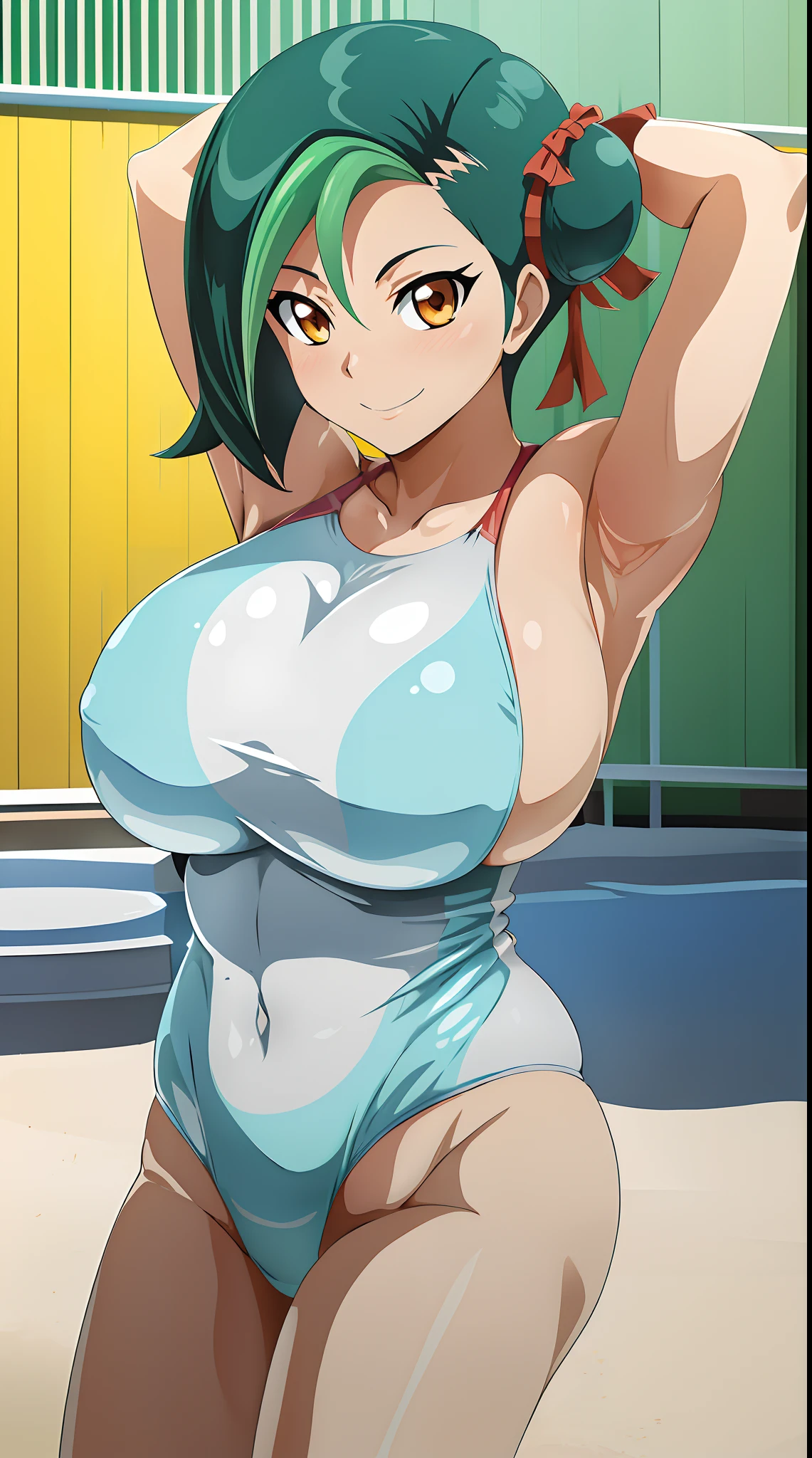 巨作, Best Quality, highres, Hamkotori, short hair hair, multicolored hair, single hair bun, Hair Ribbon , huge breasts, Standing, cowboy shot, outdoors, smile, arms over Two Sides, straight on, massive breasts swimsuit lake pool