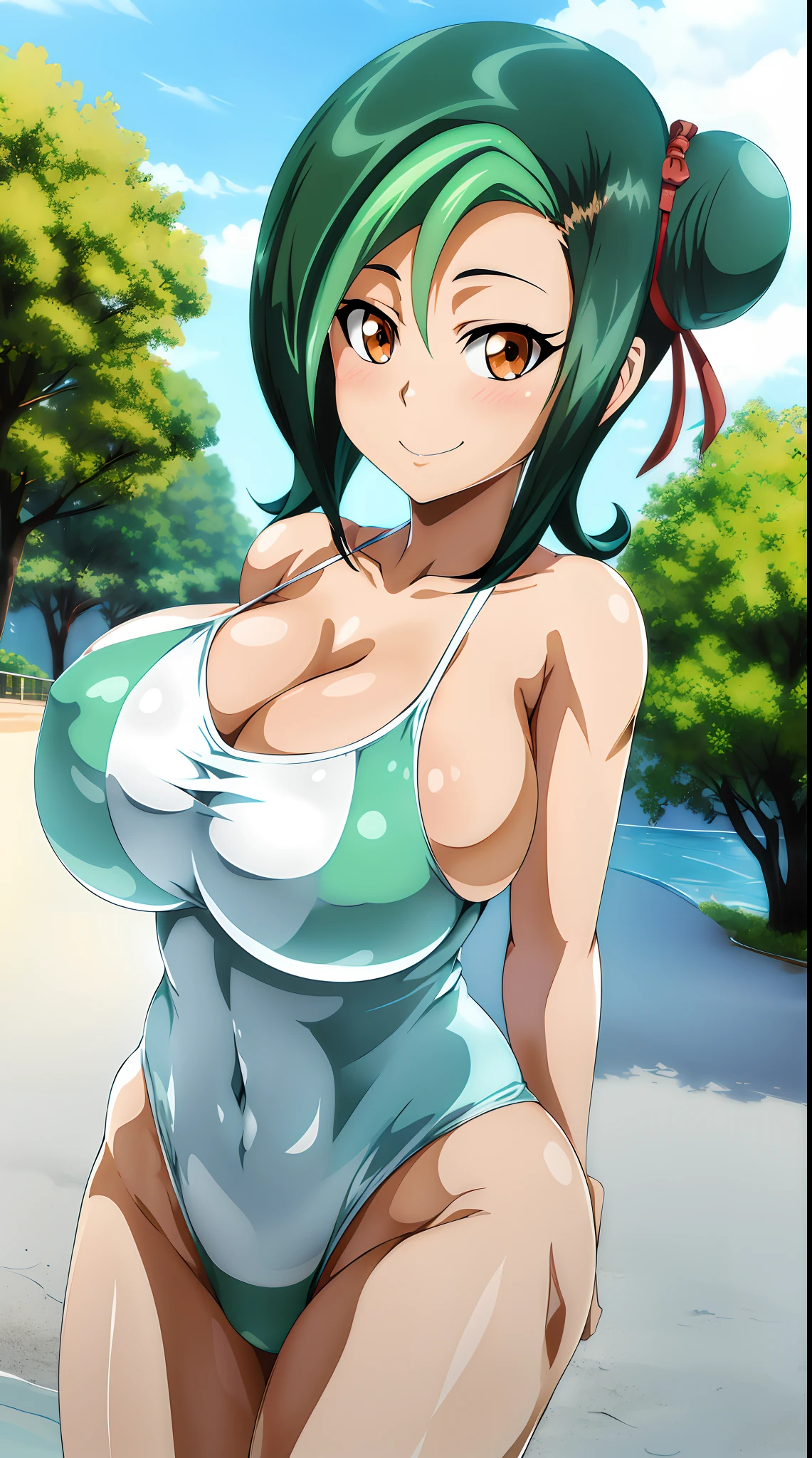 巨作, Best Quality, highres, Hamkotori, short hair hair, multicolored hair, single hair bun, Hair Ribbon , huge breasts, Standing, cowboy shot, outdoors, smile, arms over Two Sides, straight on, massive breasts swimsuit lake pool