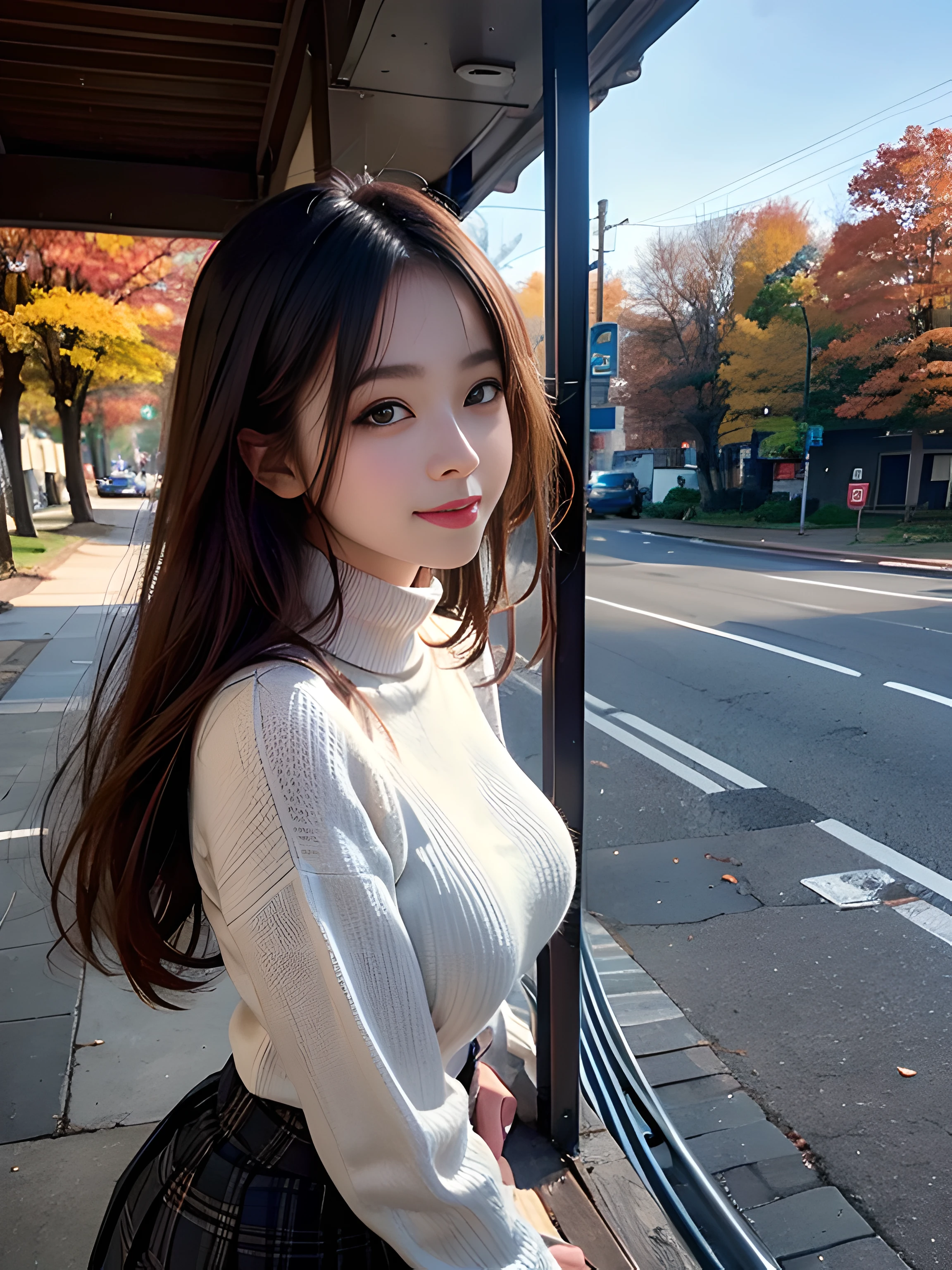 (8K high image quality), (top-quality), (RAW image quality),(masutepiece:1.2), (Realistic), (Photorealistic:1.37), Goose egg face,largeeyes,long eyelasher,Exquisite（Live-action realistic style）,The Ultimate Face,Photorealistic light and shadow,Clear facial features,milky skin,Fair skin, highdetailskin,Realistic skin details,Visible Pore,（Super Detail）,Hair length is random, （Flowing hair）,Best portraits,Shot from a short distance, 1-girl, Cute,Beautiful detailed eyes, beautiful detailed nose, highlydetailed skin,Full body ,(eyecontact),(Colossal tits、Breast Abundance)、(Beautiful face with double eyelids),((fullbody image)), (Realism: 1.4),High image quality, excellent details, Ultra-high resolution, (Show your best smile to the audience), , favor details, High condensation,delicate and beautiful face,,20yr old,(Beautiful Face 1.4),A slender, (Long knit sweater with turtleneck:1.2)、(Plaid pleated skirt:1.2),((Do not slip the hem of the sweater inside the skirt、long-sleeve:1.2)),((Scenery with an autumn atmosphere)),Filmed in the city,(It's a full-body shot.),The color of the sweater is random,The color of the skirt is random,Smile