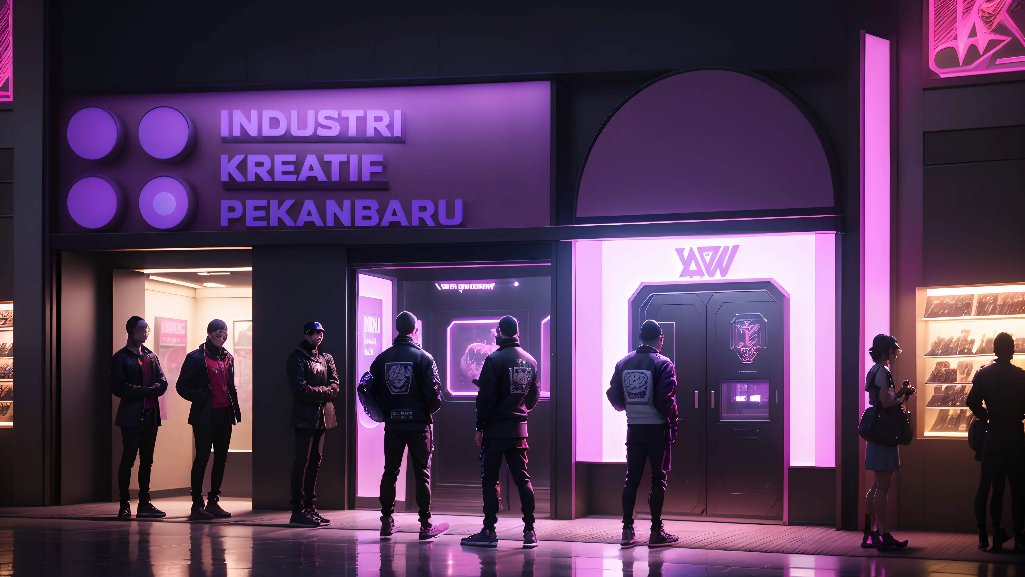RAW Photo, outside view of the Luxury Game Zone in Mall, Retro Game, (front view), Japan, (3D Text Sign, 3D Logo, perfect sign, Detail Text, embossed letters), (Masterpiece Architecture), Extreme detail, Purple Background, (People, Street wear), (embossed text and logo). Cyberpunk. bright lighting