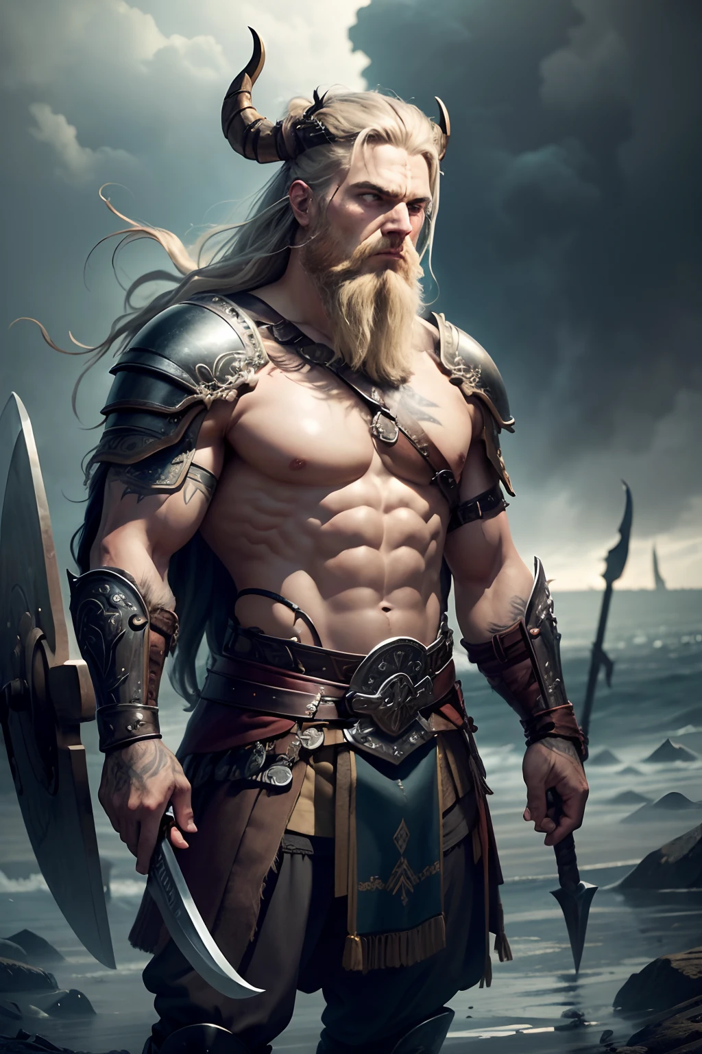 Generate a highly detailed and lifelike image of a Viking warrior in the midst of a fierce battle. The warrior should be in the foreground, and every aspect of their appearance and surroundings should be richly detailed. Picture a powerful, bearded Viking clad in battle-worn armor, with intricate engravings and battle scars. The warrior should be holding a menacing battle axe and wearing a horned helmet adorned with unique markings. The background should depict a dramatic, epic battlefield with other warriors, longships, and a stormy, overcast sky. The lighting should capture the intensity of the moment, with reflections off the warrior's armor and subtle nuances in the environment. Pay close attention to facial expressions, tattoos, and the smallest details of the surroundings, creating a scene that transports the viewer into the heart of the Viking age.