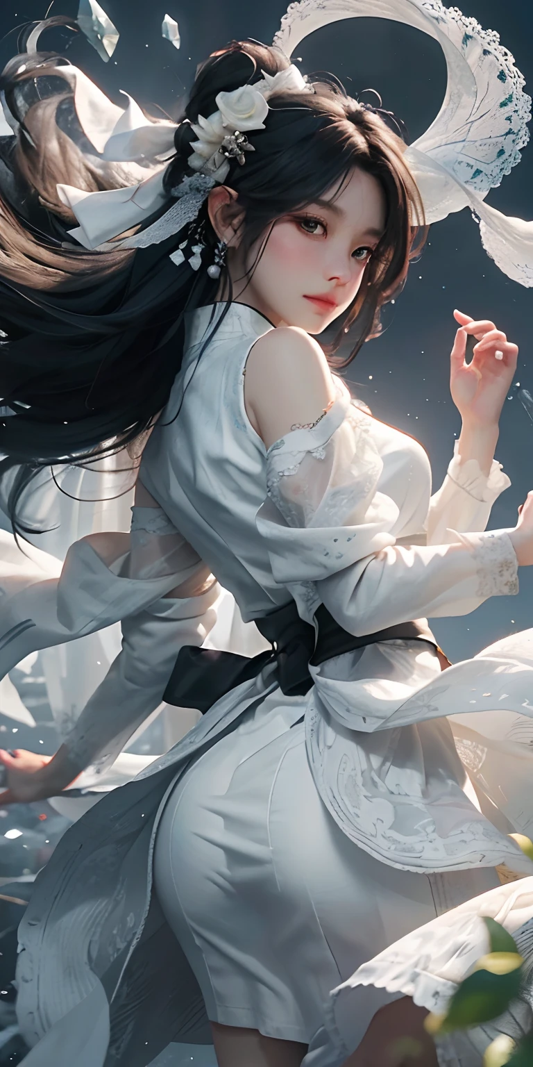 (tmasterpiece,top-quality,optimum,offcial art,sportrait,Seven-point photo,is shy,Beautiful and aesthetic,Long exposure:1.2), Rear view, white skirt, white hanfu, white skirt, Smooth movement,Charming Patterns, 1 rapariga,(Long skirt with sleeves:1.3),(((white clothes))),upperbody closeup,No shoulders,ChineseGirl,Blushlush,Black lob hair, sportrait,独奏,The upper part of the body,Long gray hair,delicate leg,ssmile,facial closeups,ultra-wide-angle,Gaze the observer,detailedbackground,Detailed face,(crystallineAI, crystalline theme:1.1),Elemental Wind Elves,Swirling wind,Control the wind,White crystal clothes,dynamicposes,particles floating,Ethereal power,whirly,vaporous,Whirlwind in the background,White tones,whirly,Ethereal atmosphere,
