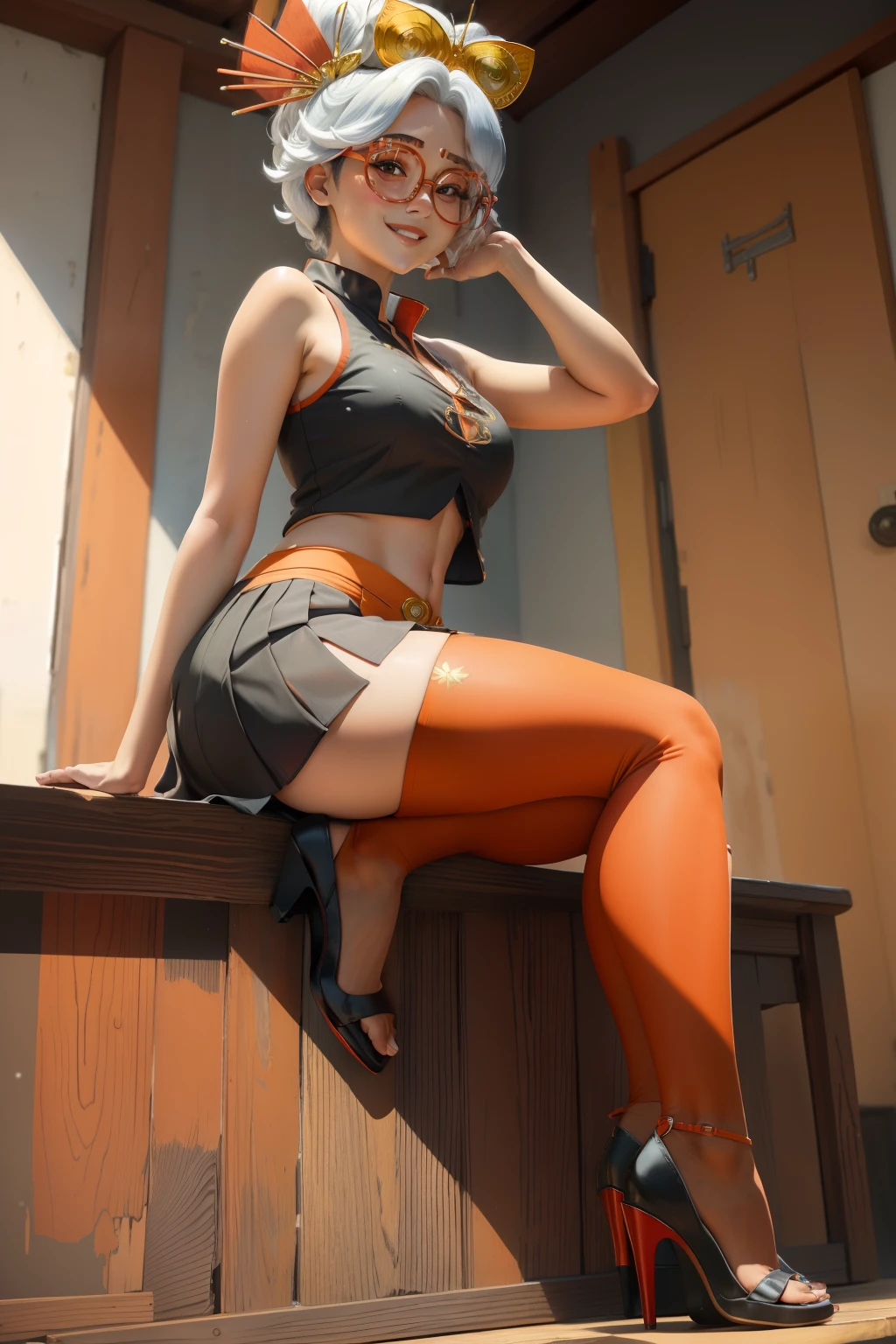 Purah, masterpiece, best quality, red glasses, hair ornament, sleeveless shirt, black skirt, orange leggings, high heels, sitting, from side, looking at viewer, smile