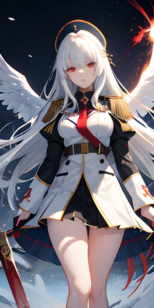 angelicales,girl with,splatters,on clouds, military outfits,White hair, Red Eyes, Magic Circle, landscape, Blood, , depth of fields, Daytime, light Particle, llight rays, side lights, thighs thighs thighs thighs, Fate (Series), GenshinImpact, ****, Open jacket, thighs thighs thighs thighs, cloud