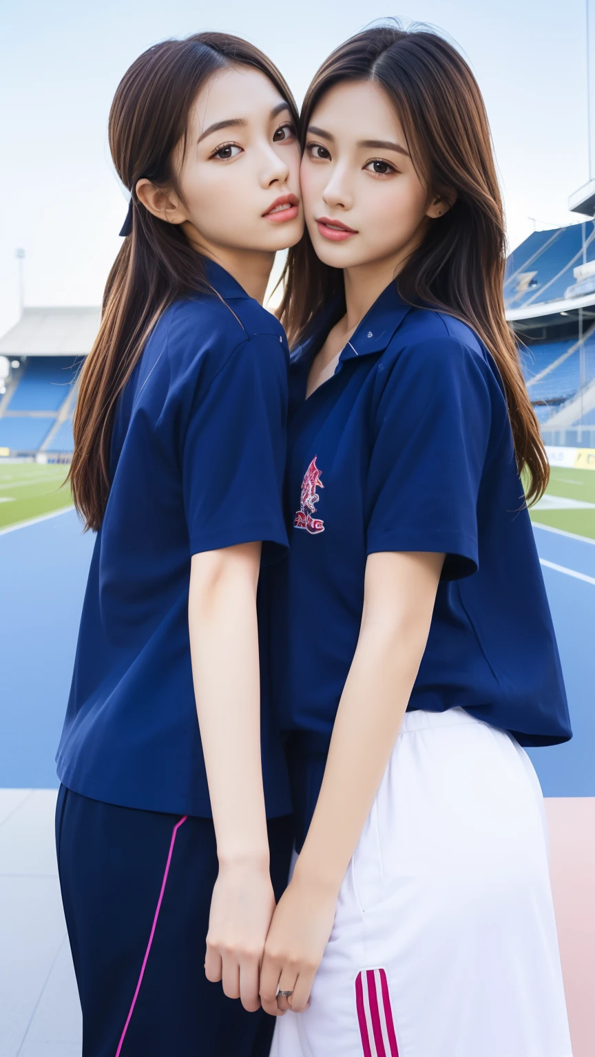 (bestquality,10,10,highres,masterpiece:1.2),ultra-detail,(Realistic,photorealistic portrait,photo-realistic:1.37),1 Cute girl in the football field,oily shiny skin,bara,light smile,BDclothes,((blue shirt:1.3)),short sleeves,Shirt, trousers.,(navy_long_Pants Track:1.1), ((Stadium Background:1.3)),dynamic angle,excited,face focus,Dynamic Poses,from behide,Ass Focus,masterpiece, bestquality, ultra realistic, hyper-detail, 8k resolution, RAW photo, crisp focus, ((Navy blue shirt:1.1)), short sleeves, Long Path, Perfect body, 2 mature women, 18yo, cinematic light,Blue sweatpants,Gymware,Correct anatomy,Complete body, Correct body, sharp face, Anatomically correct body, full entire body, Realistic gestures, long-haired, Realistic poses,Wear long shorts..,Long leg span,Shapely,Sculpting Girl, 2 girls kissing each other, Realistic kissing, Huhu thinning, mannequin mannequins, Shapely , Beautiful body