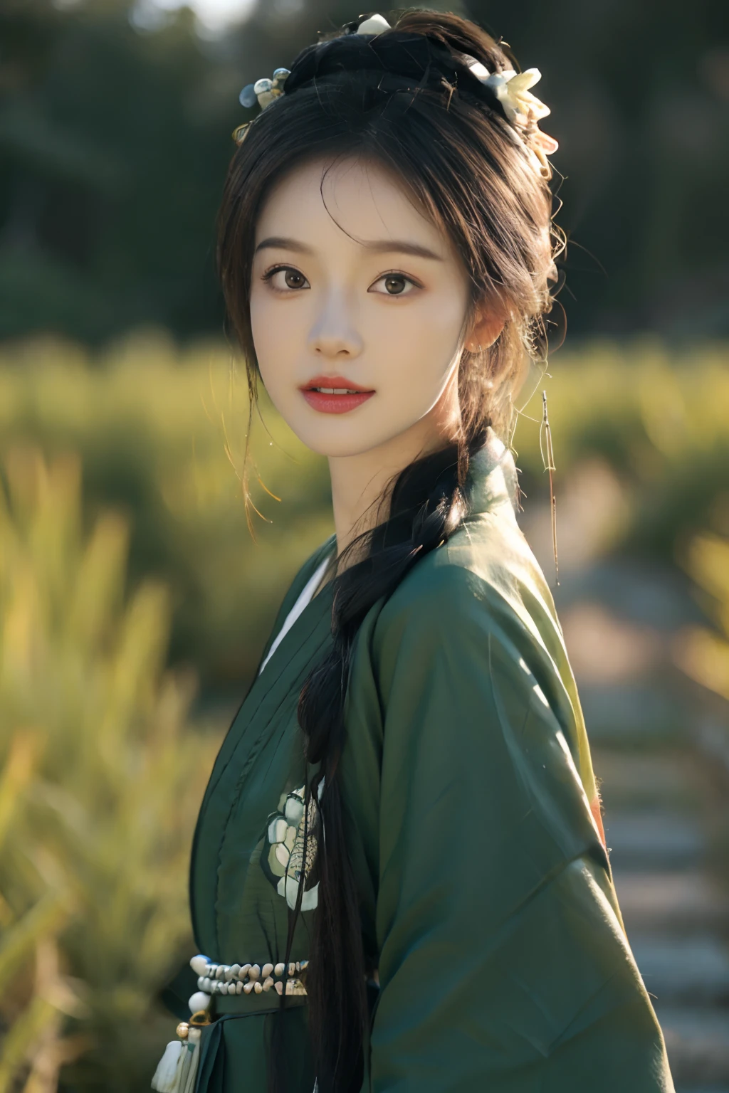 Best quality at best,tmasterpiece,超A high resolution,(photo-realistic:1.4),8K, RAW photogr, A high resolution, (((1girll, half-body portrait))), 独奏, Ancient Chinese green Hanfu, Beautiful pattern, embroidered clothing, beautiful eyes in detail, long eyelasher, RAW photogr, face to the viewer, Close-up Shot Shot, ((( Landscape background))), The upper part of the body, ssmile, Beautiful hairstyle, hair adornments, Beads, jewelry, ((No action))