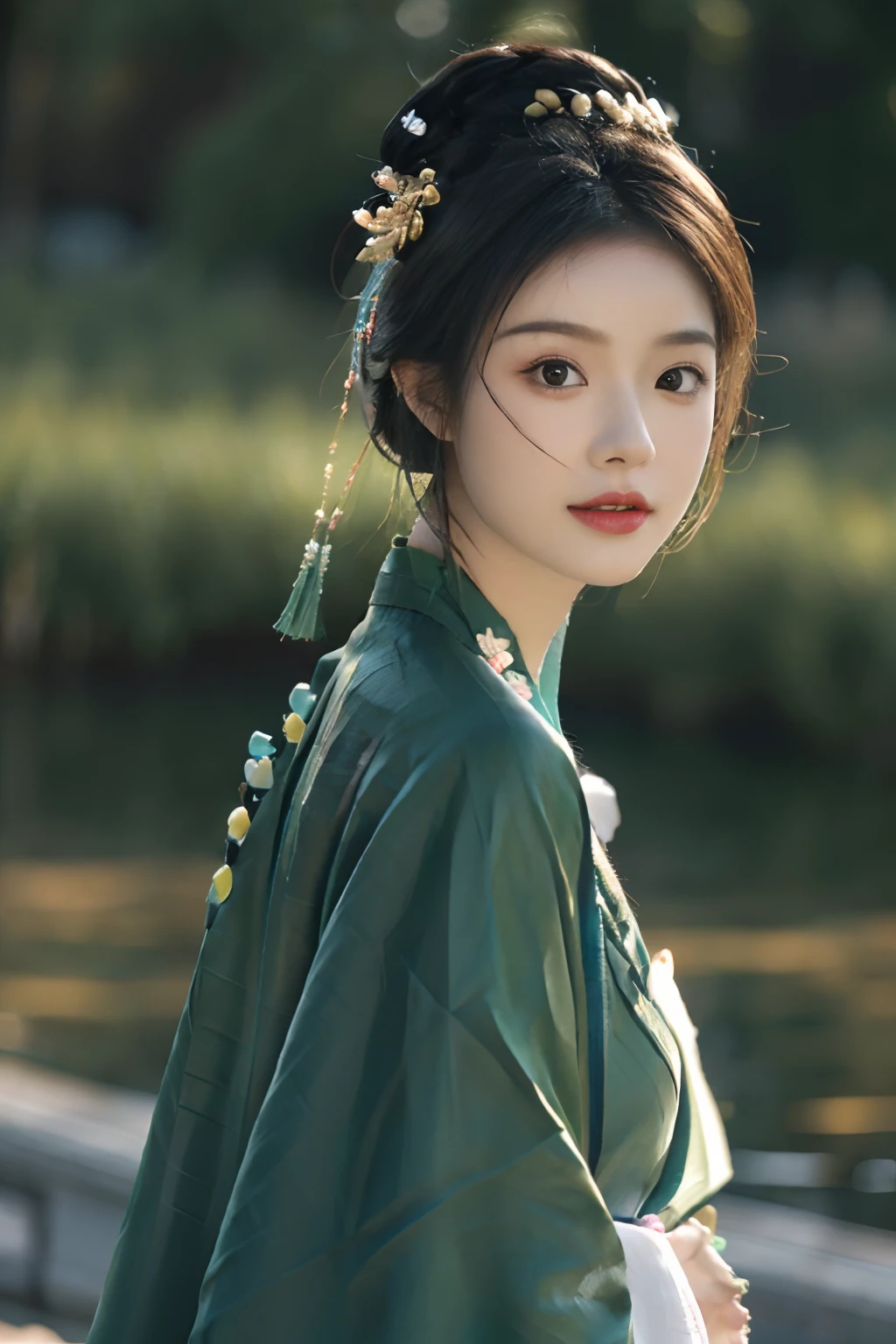 Best quality at best,tmasterpiece,超A high resolution,(photo-realistic:1.4),8K, RAW photogr, A high resolution, (((1girll, half-body portrait))), 独奏, Ancient Chinese green Hanfu, Beautiful pattern, embroidered clothing, beautiful eyes in detail, long eyelasher, RAW photogr, face to the viewer, Close-up Shot Shot, ((( Landscape background))), The upper part of the body, ssmile, Beautiful hairstyle, hair adornments, Beads, jewelry, ((No action))